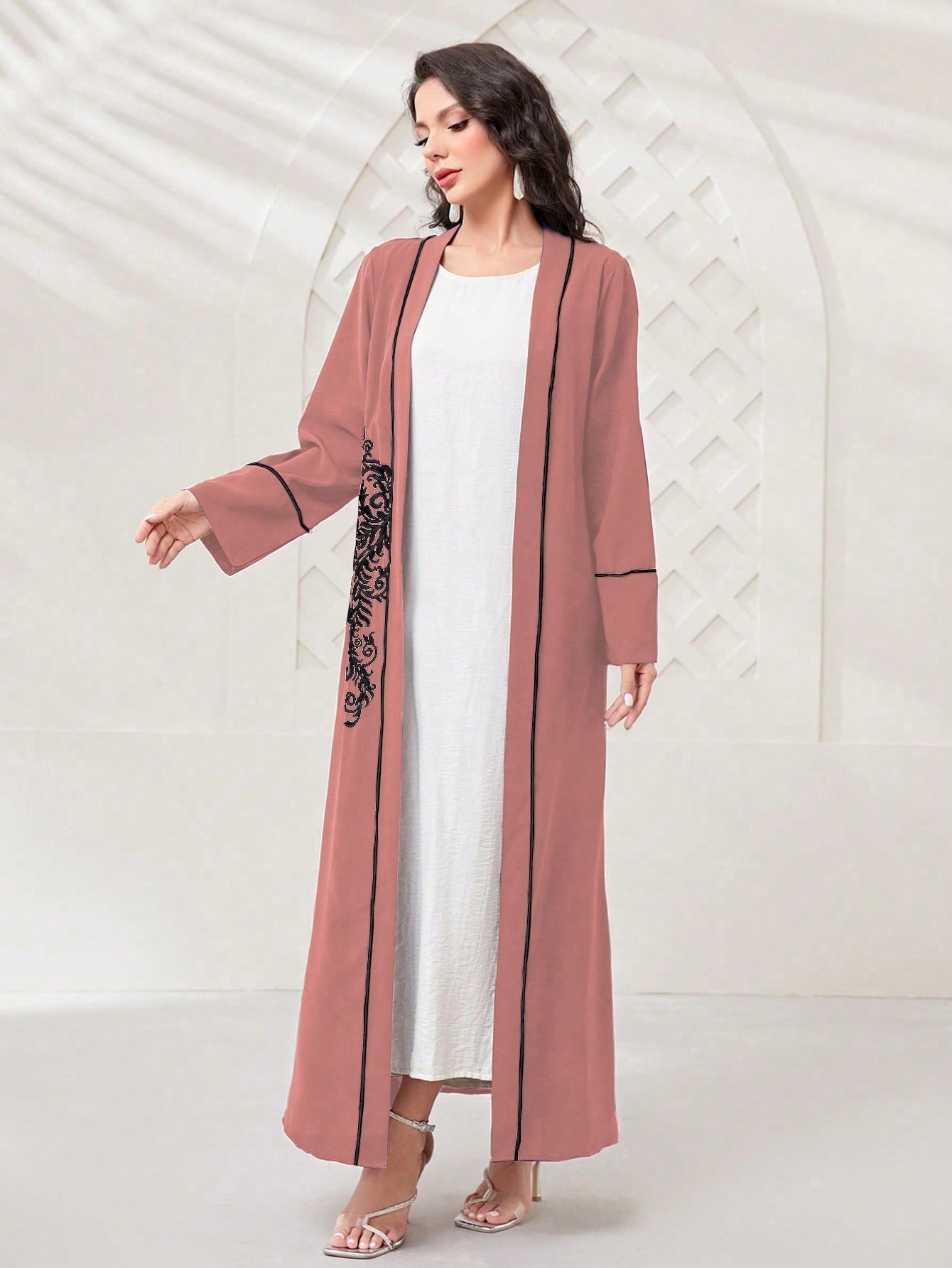 Najma Leaf Print Contrast Piping Abaya