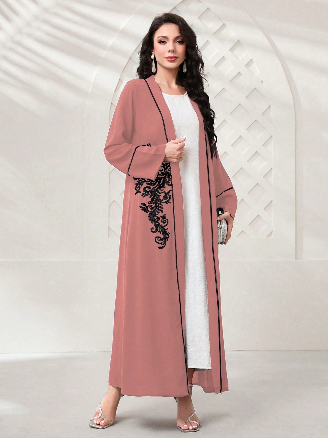 Najma Leaf Print Contrast Piping Abaya