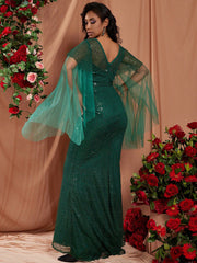 Women's Green Sparkling Round Neck Evening Gown Dress