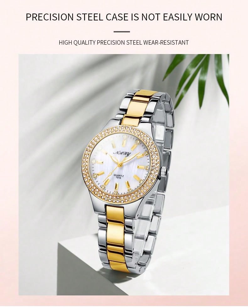 1pc Elegant & Casual Women's Watch With Shiny Rhinestones & Water-resistant Stainless Steel Strap, Suitable For Daily Life, Parties And Other Occasions