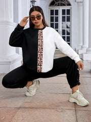 Essnce Plus Graphic Print Two Tone Drop Shoulder Sweatshirt & Sweatpants