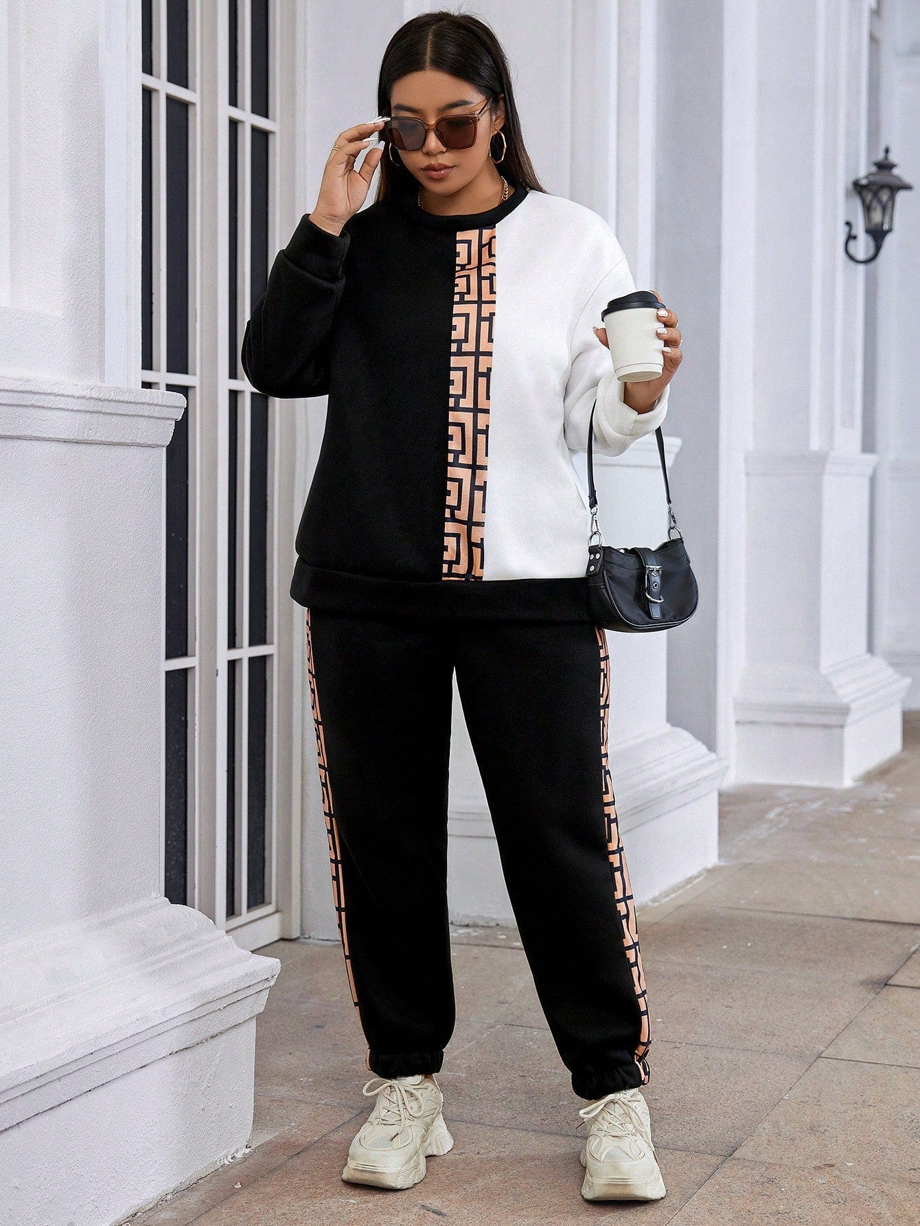 Essnce Plus Graphic Print Two Tone Drop Shoulder Sweatshirt & Sweatpants