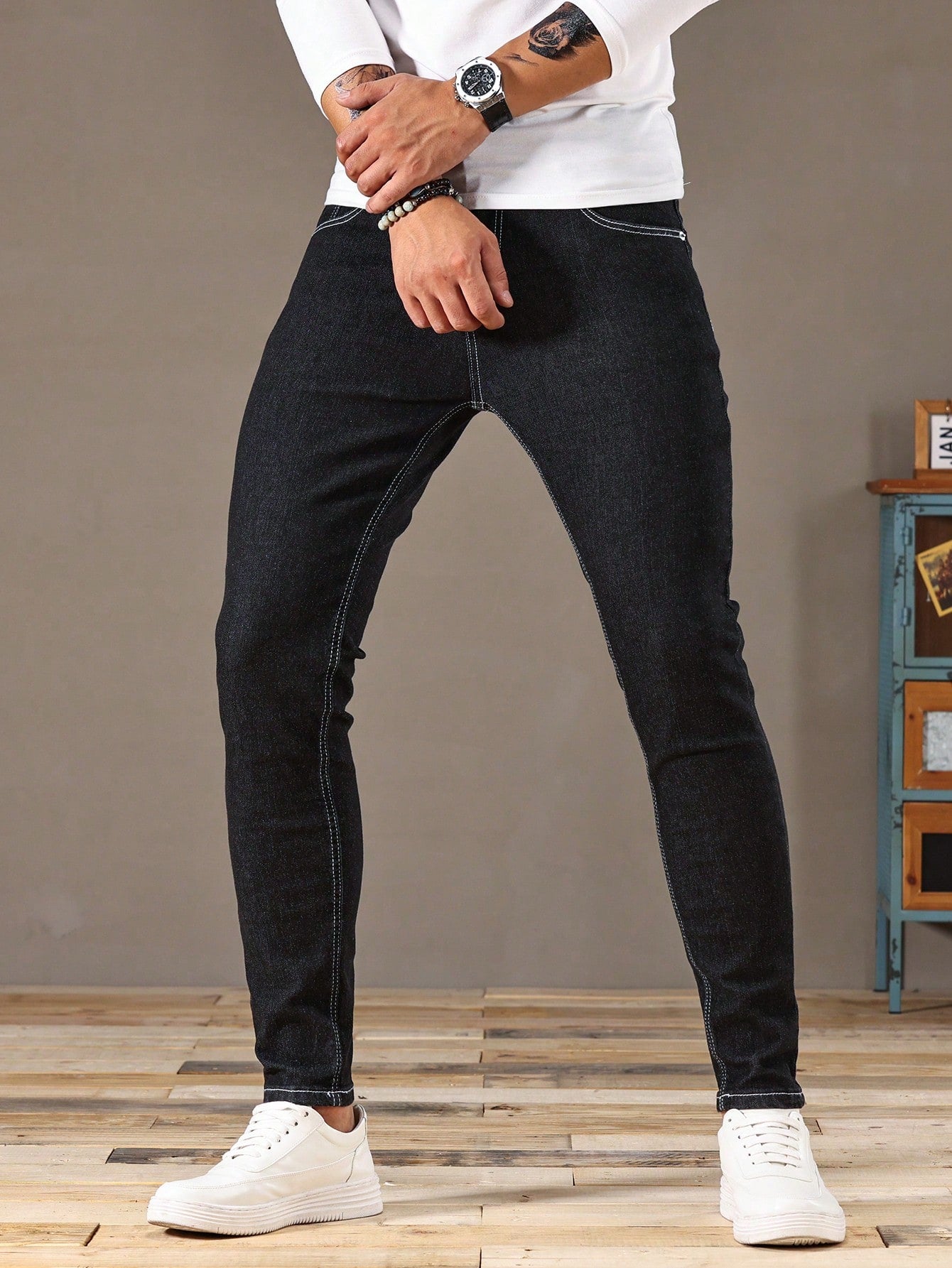 Manfinity Homme Men Contrast Stitch Skinny Jeans