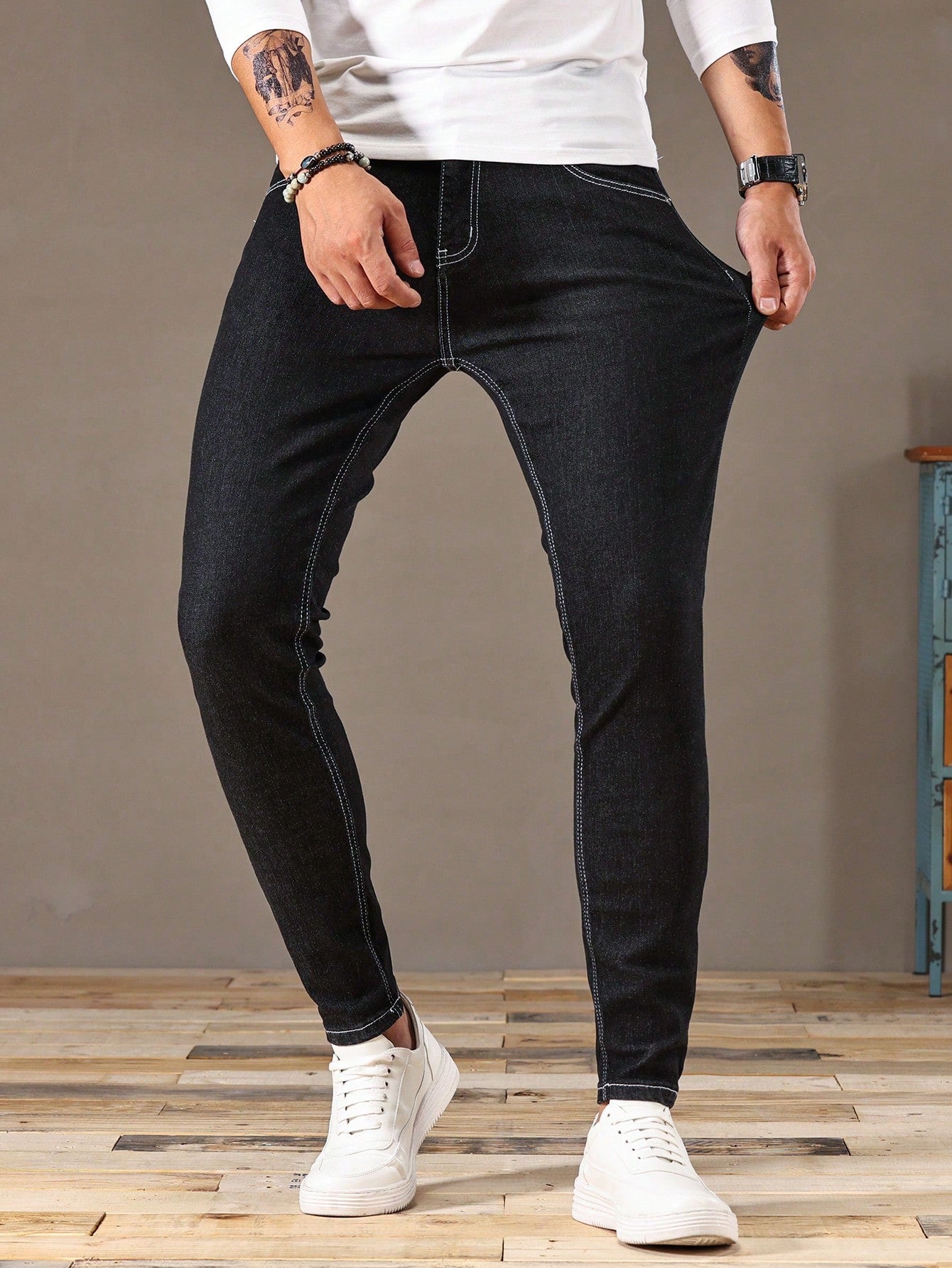 Manfinity Homme Men Contrast Stitch Skinny Jeans