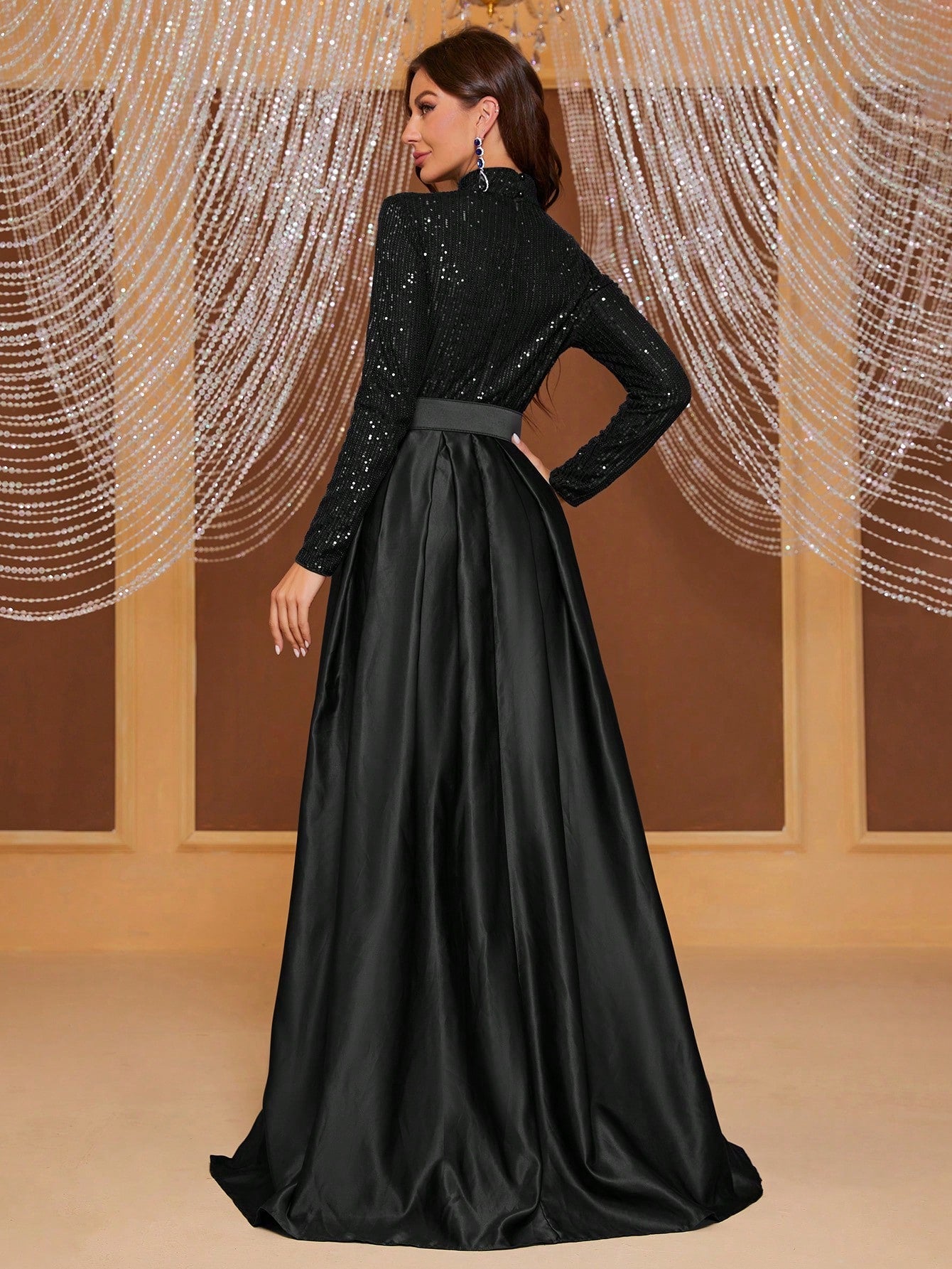 Giffniseti Long Sleeve High Neck Sequin Panel & Pleated Evening Dress (With Belt)