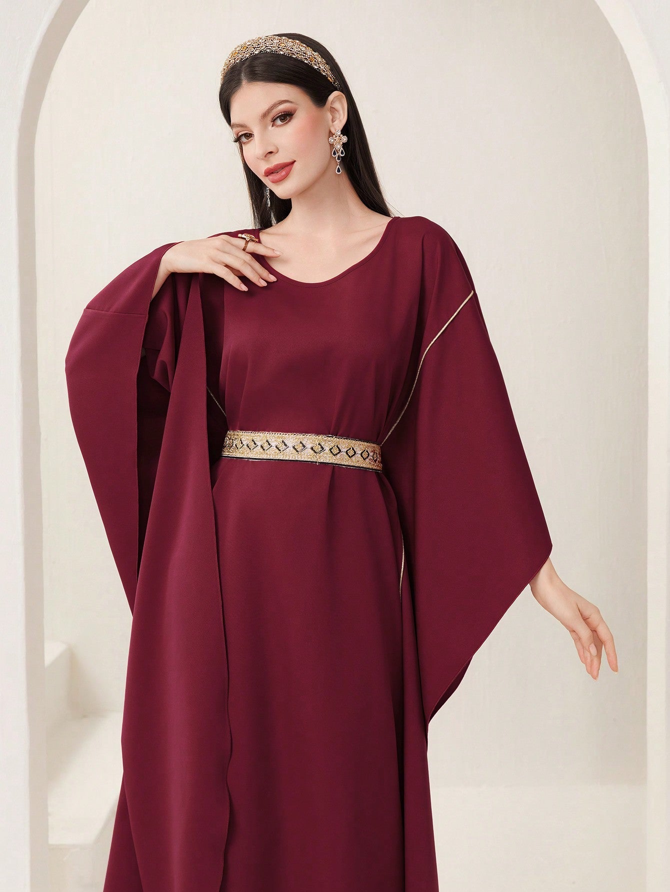 Najma Contrast Sequin Batwing Sleeve Kaftan Dress