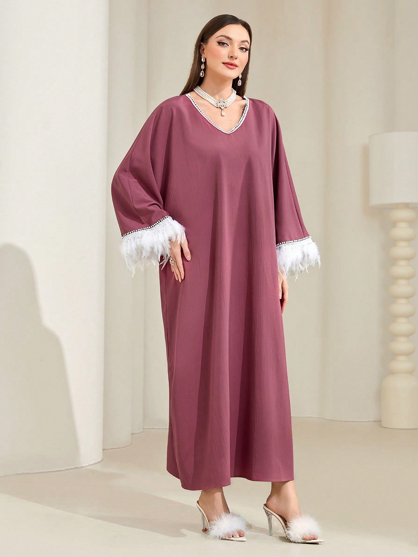 Najma Contrast Fuzzy Trim Trumpet Sleeve Kaftan