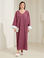 Najma Contrast Fuzzy Trim Trumpet Sleeve Kaftan