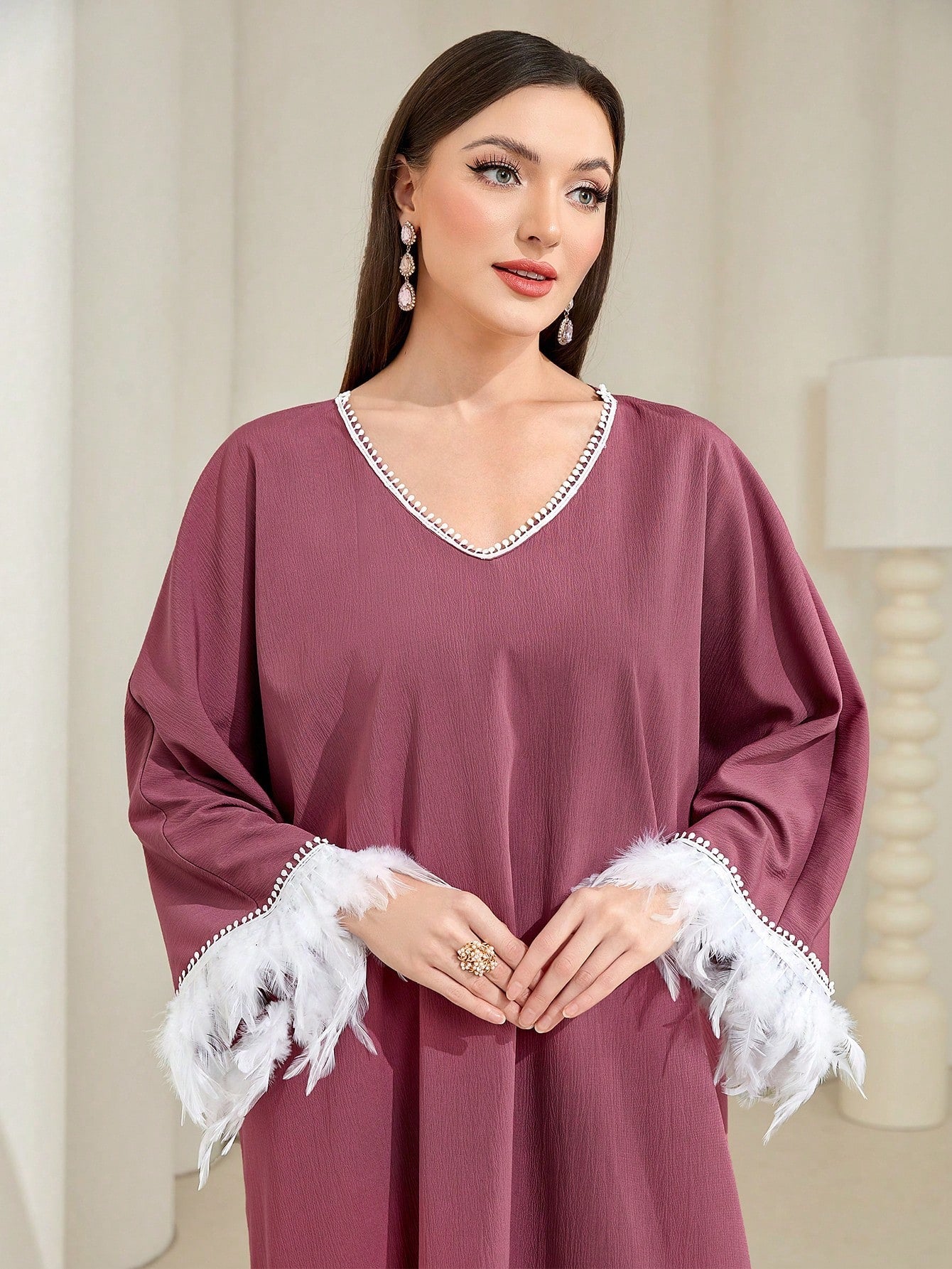 Najma Contrast Fuzzy Trim Trumpet Sleeve Kaftan