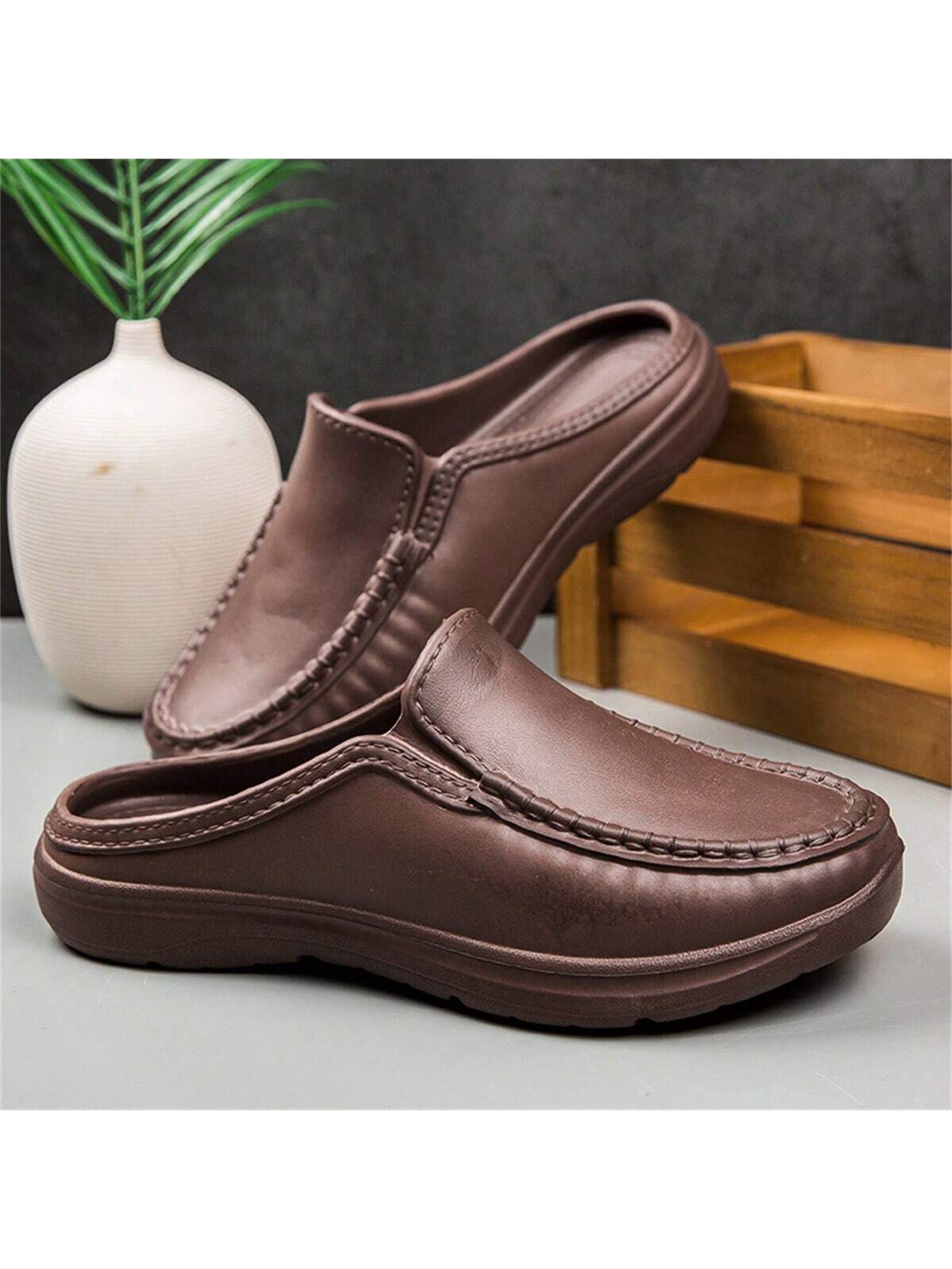 Simple Slip-on Men's Half Slippers With Non-slip Pu Leather Outsole, Suitable For Driving And Chef Work