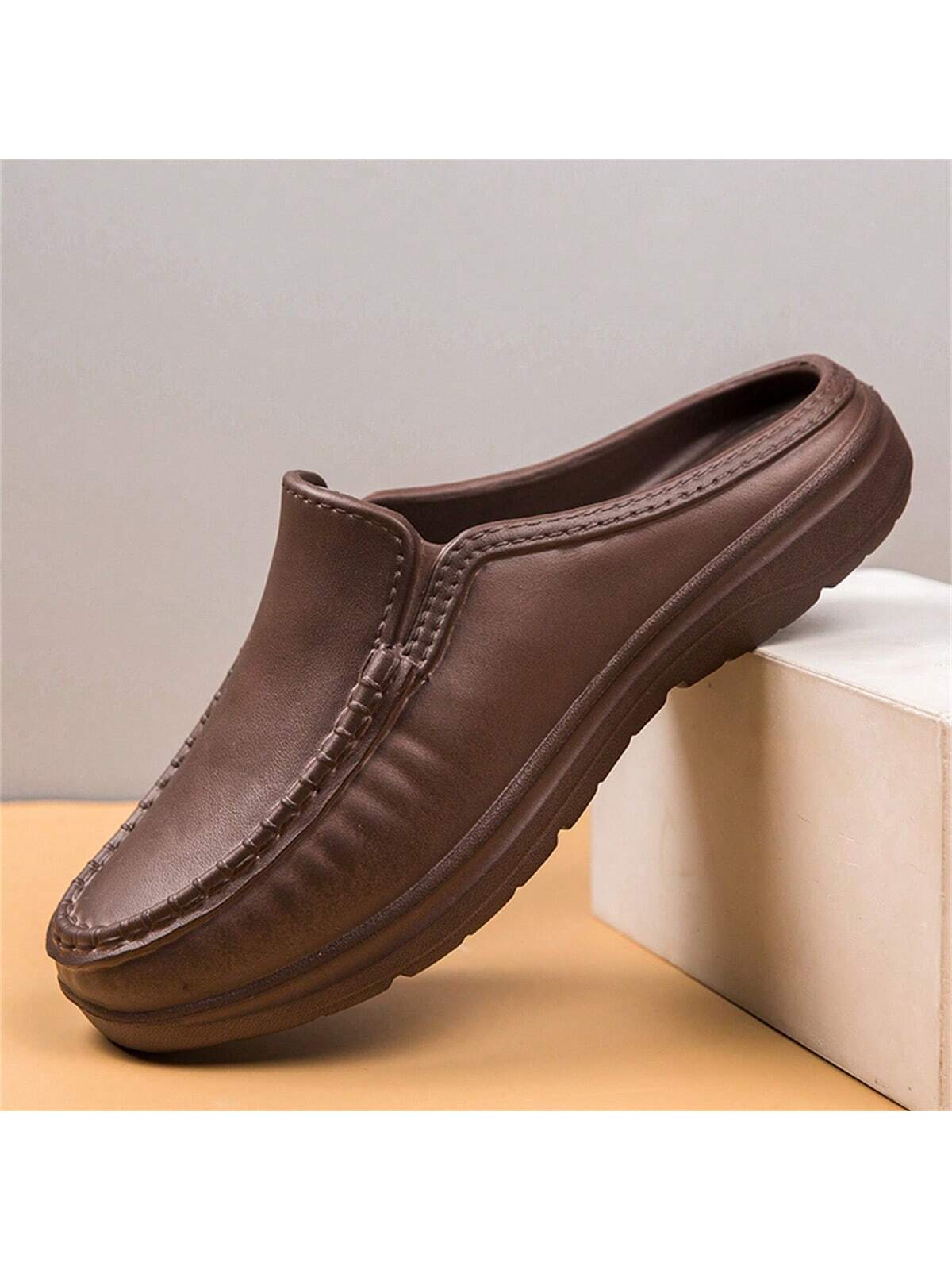 Simple Slip-on Men's Half Slippers With Non-slip Pu Leather Outsole, Suitable For Driving And Chef Work