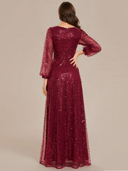 EVER-PRETTY Elegant Lantern Sleeve Deep V-neck Sparkly Evening Party Dress