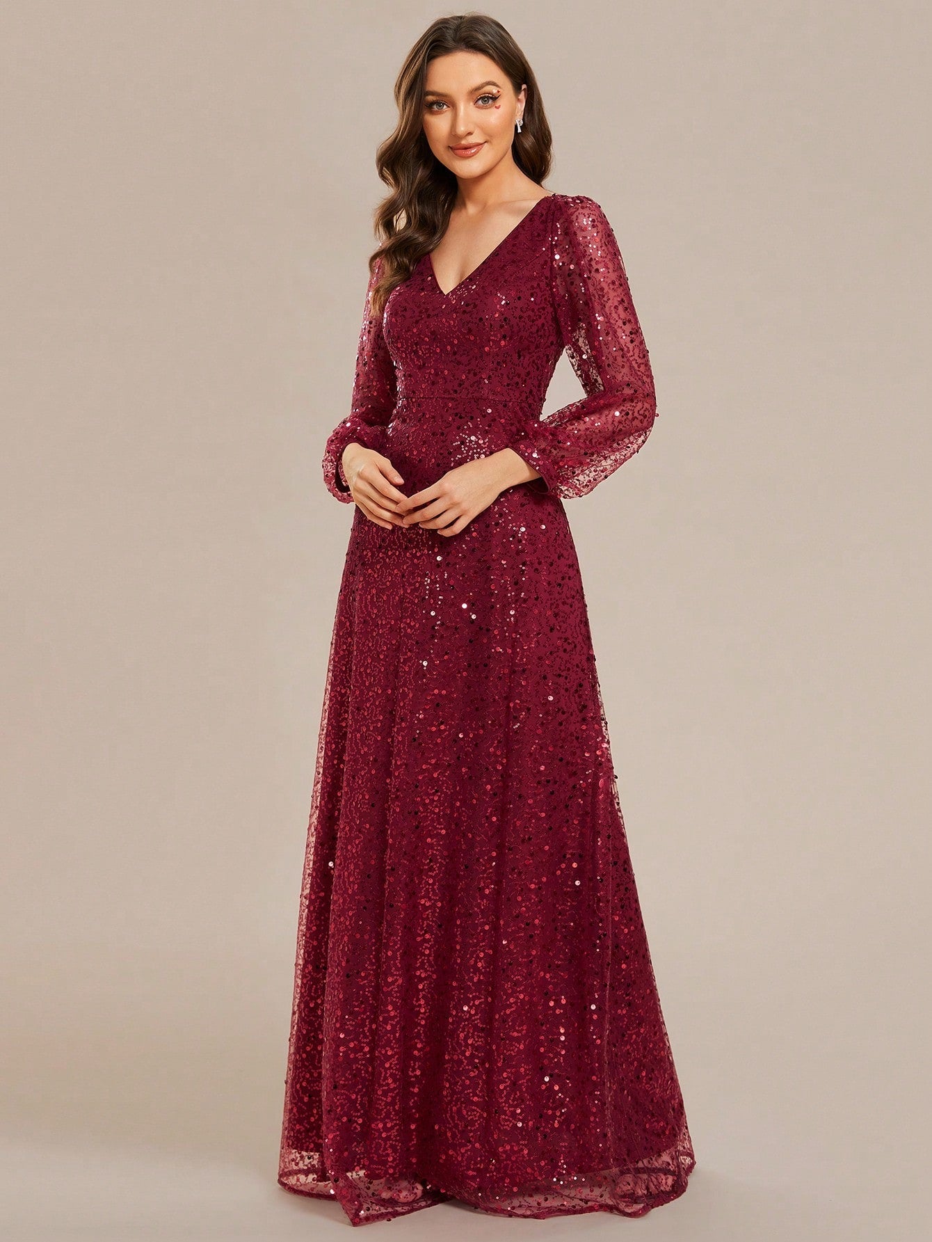 EVER-PRETTY Elegant Lantern Sleeve Deep V-neck Sparkly Evening Party Dress