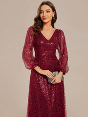 EVER-PRETTY Elegant Lantern Sleeve Deep V-neck Sparkly Evening Party Dress