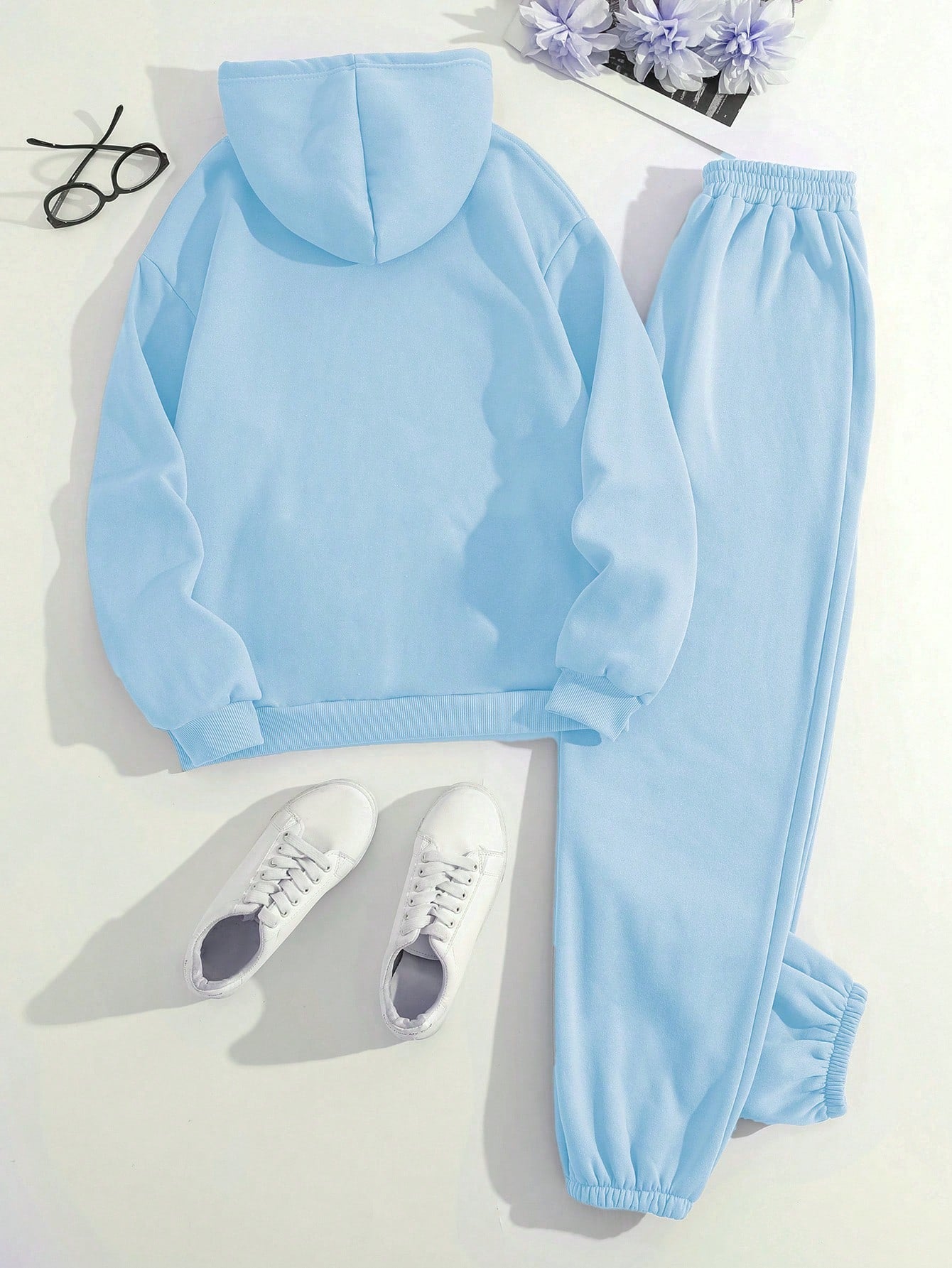 2pcs/Set Solid Color Long Sleeve Hoodie And Sport Pants