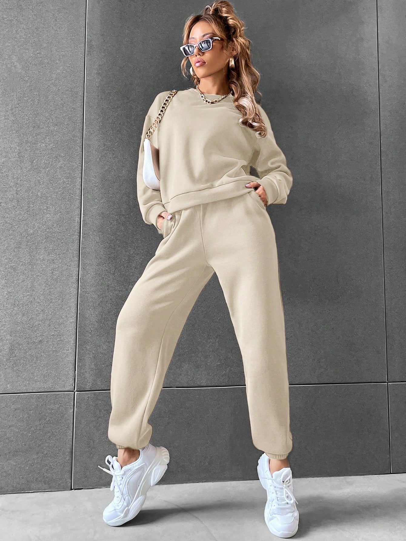 Solid Drop Shoulder Sweatshirt & Sweatpants