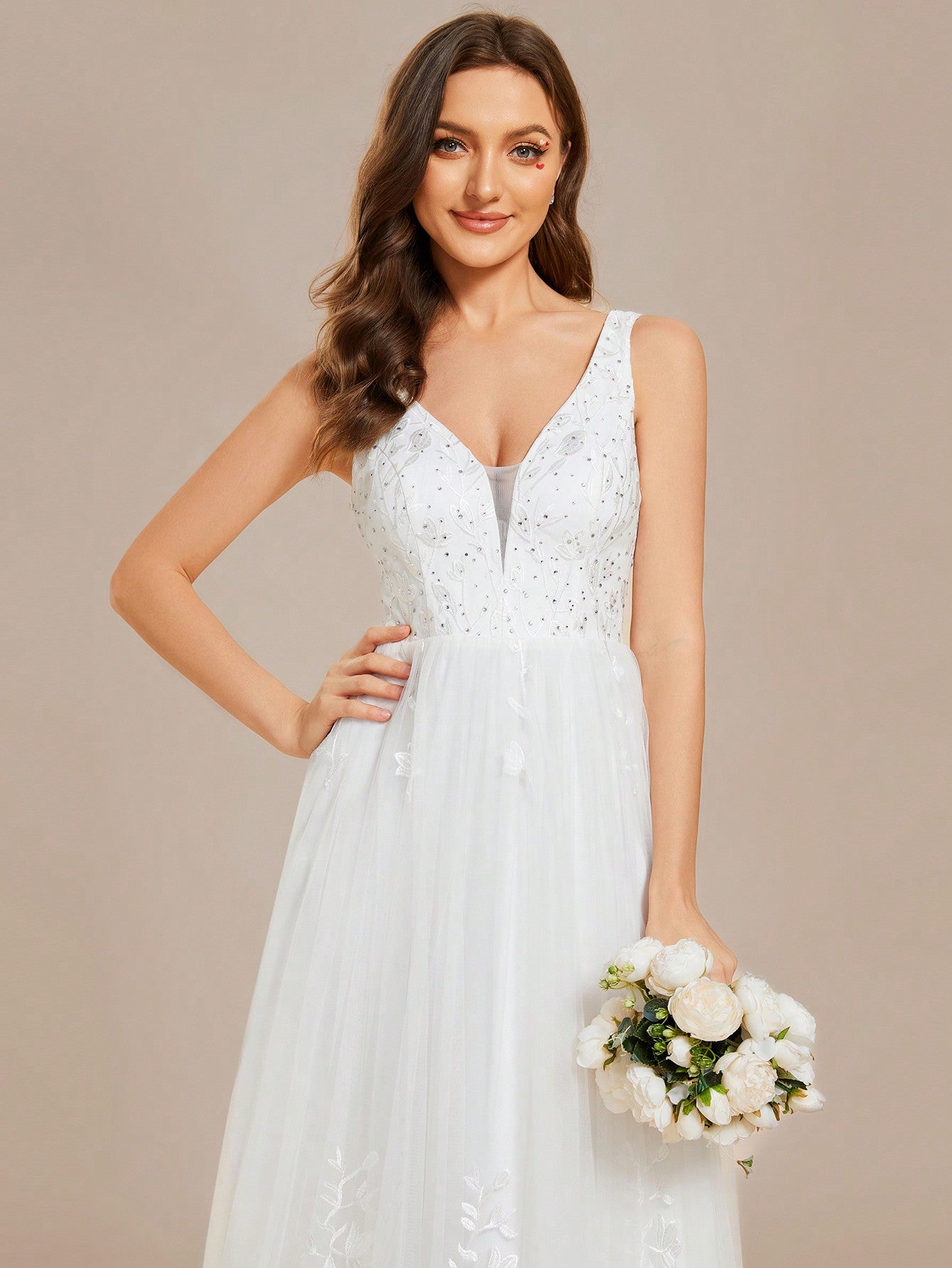 EVER-PRETTY Deep V Neck Sexy Mesh Embroidered Wedding Dress