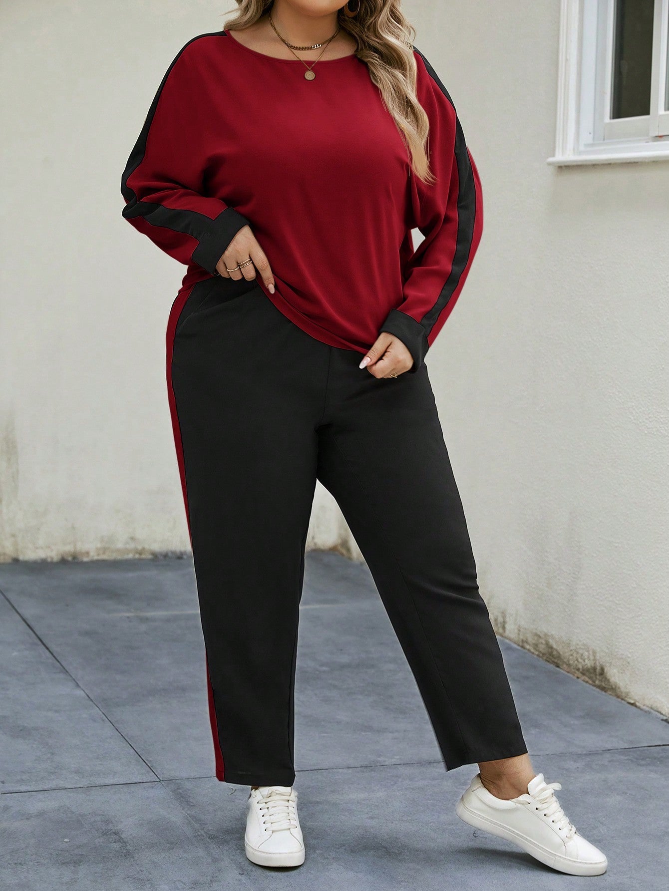 LUNE Plus Size Women'S Color Block Long Sleeve Two Piece Set