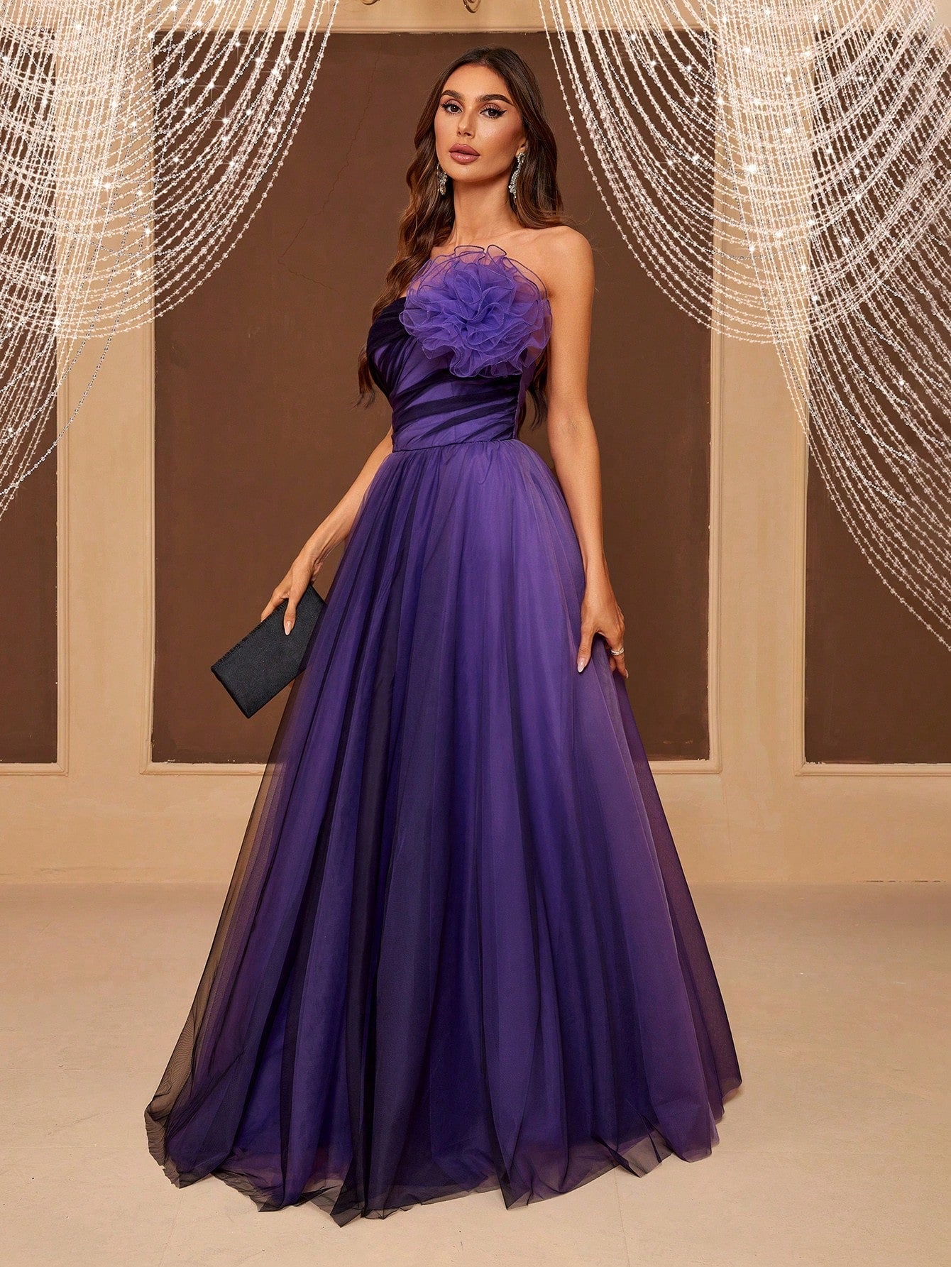 Belle Off-shoulder, Gradient Color Tulle Maxi Evening Dress With 3d Flower Detail (heavy Work)