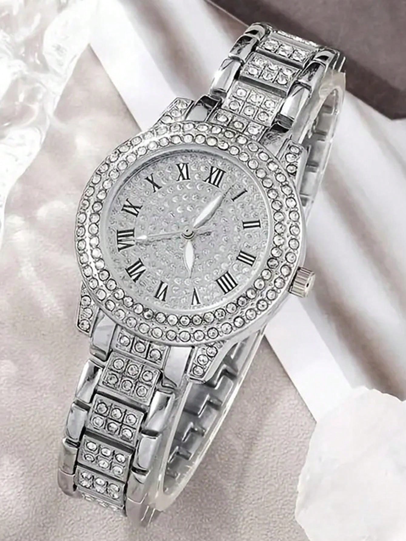 6pcs/set Fashionable Full Diamond Women's Steel Belt Quartz Watch + Rhinestone Bracelet + Necklace + Earrings + Ring Combo, Ladies' Gift Set