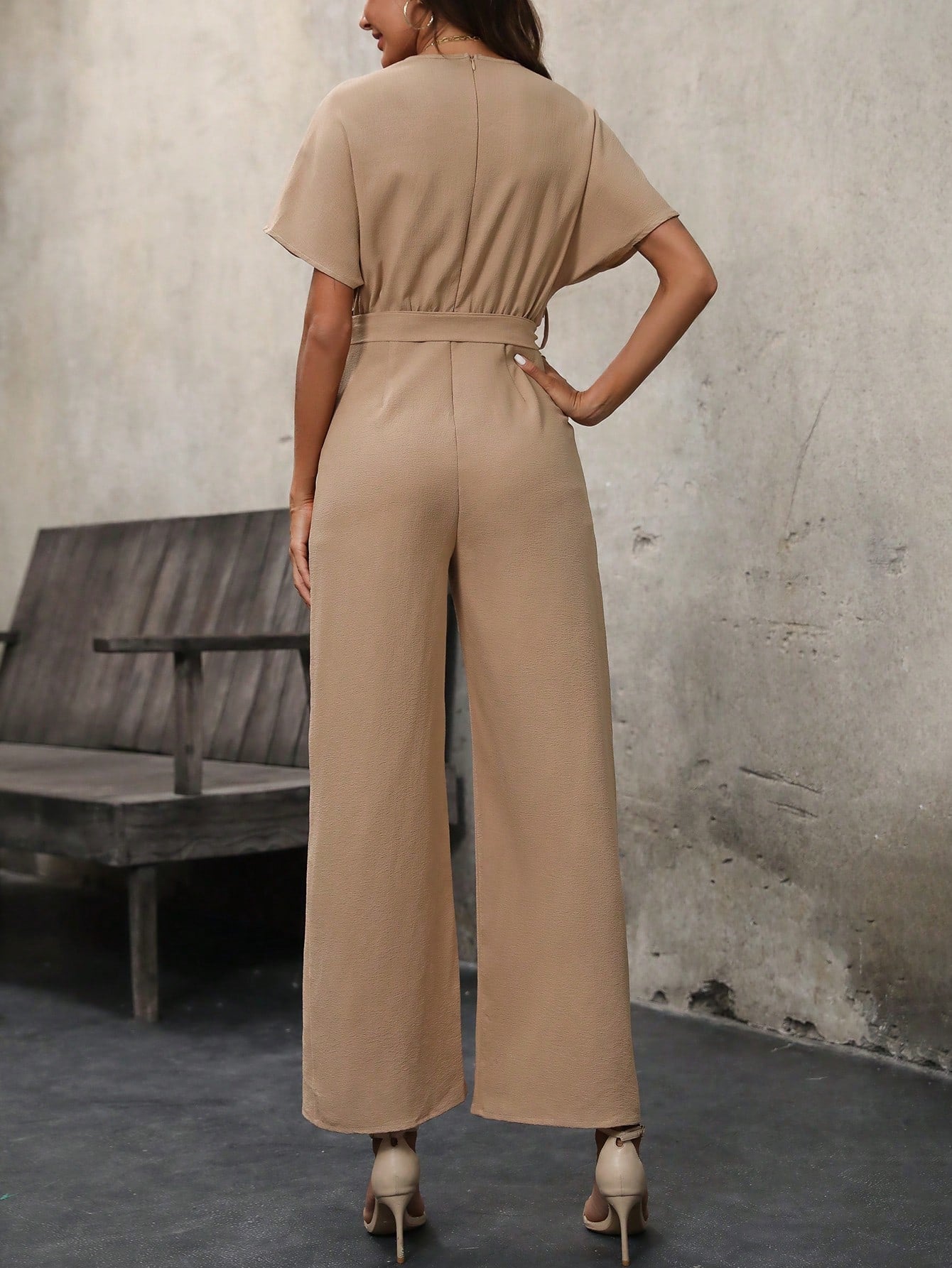 LUNE Solid Belted Wide Leg Wrap Detail Jumpsuit