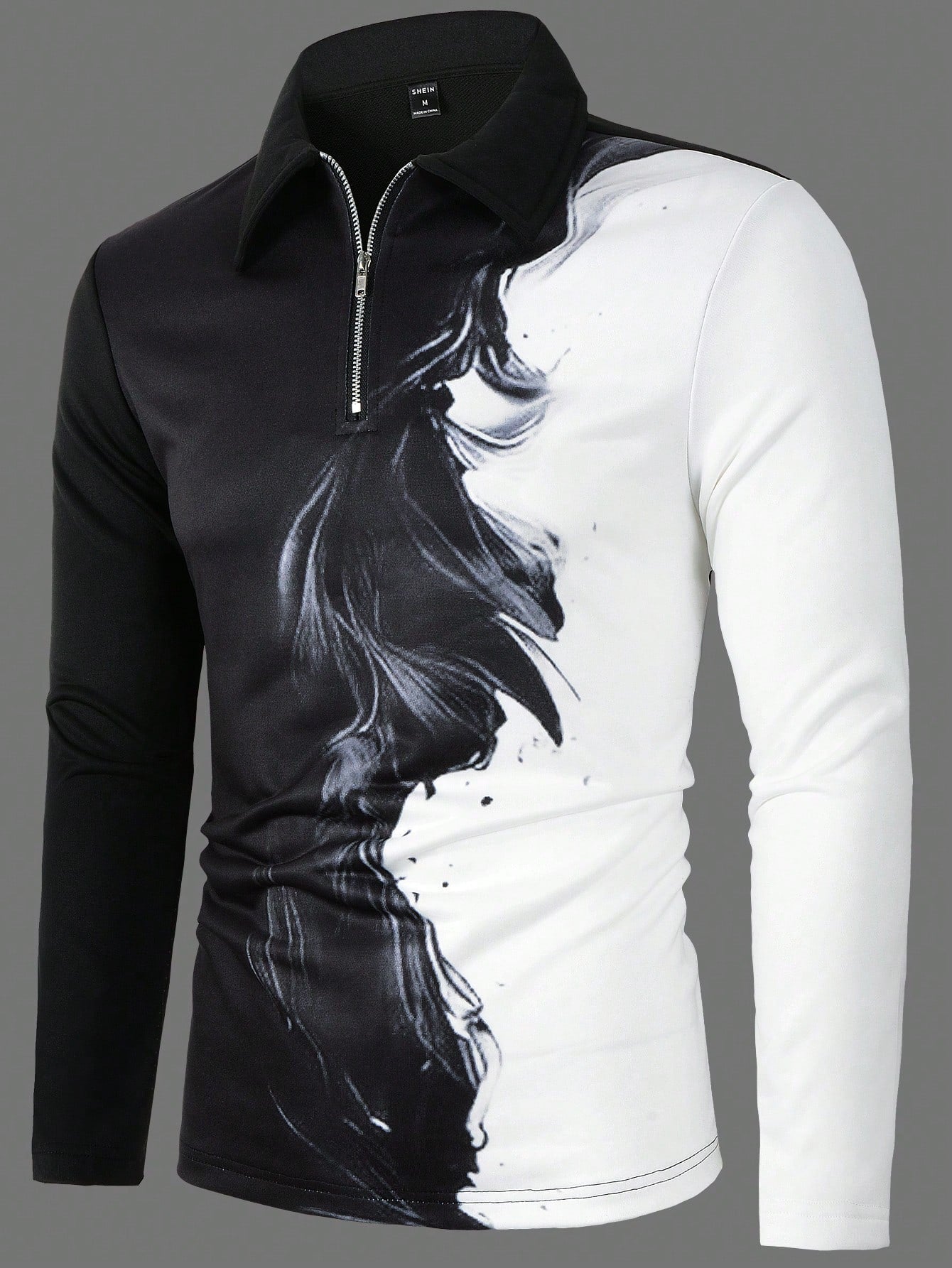 Men's Black & White Long Sleeve Polo Shirt