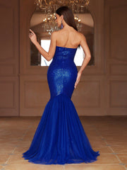 Women's Strapless Mermaid Sequined Evening Dress With Front Pleats