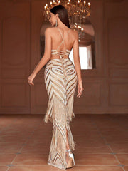 Women's Fringe & Sequin Spaghetti Strap Evening Dress