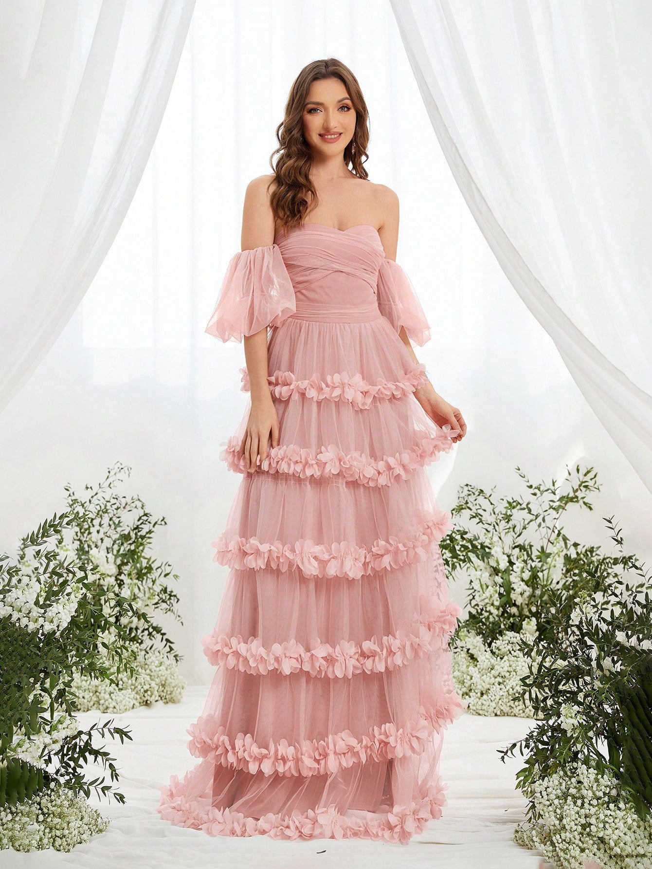 Off Shoulder Flower Patchwork Tulle Dress For Special Occasions