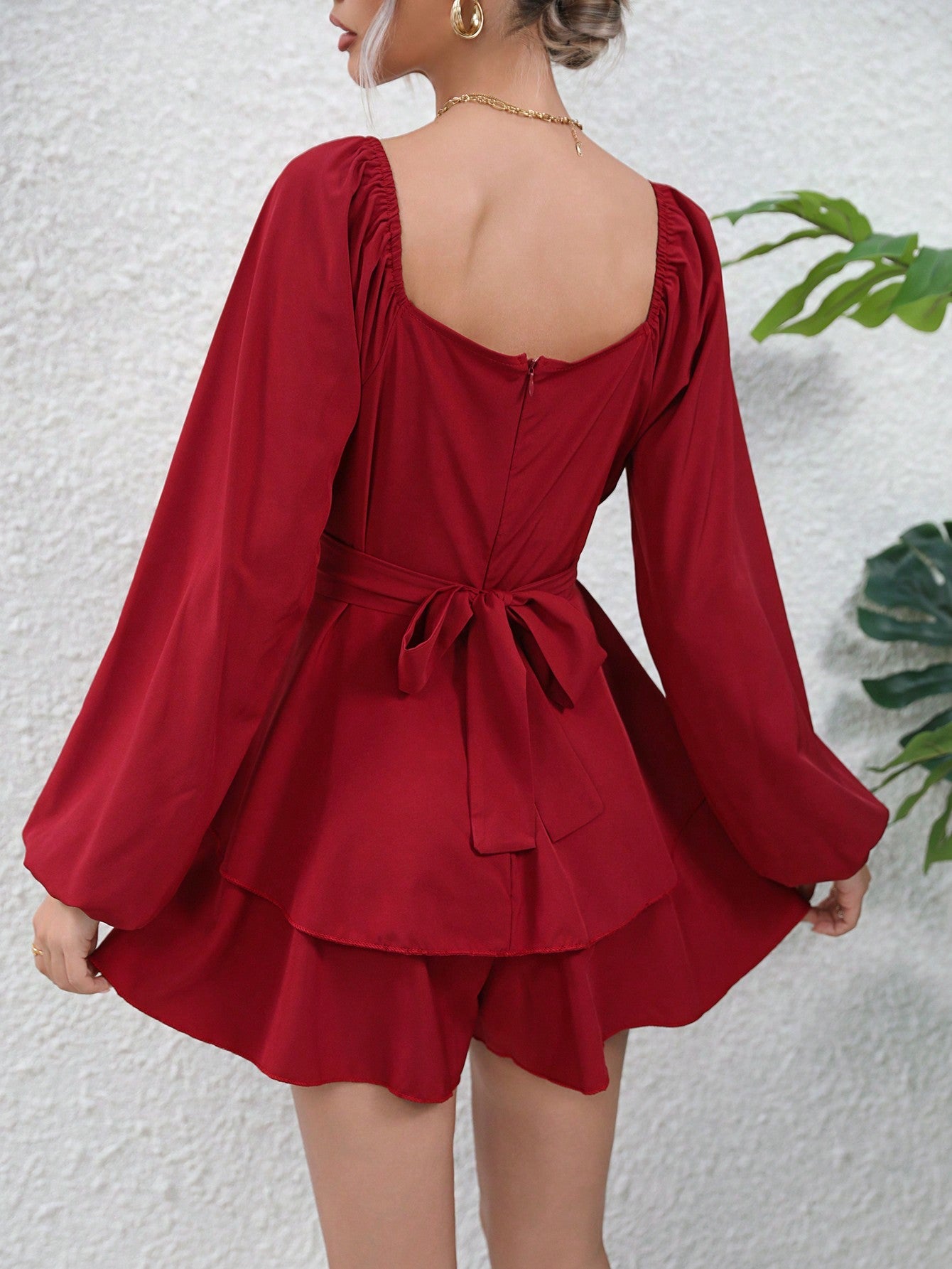 Privé Sweetheart Neck Lantern Sleeve Two Layer Hem Romper