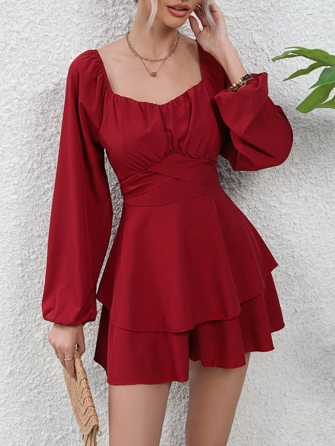 Privé Sweetheart Neck Lantern Sleeve Two Layer Hem Romper