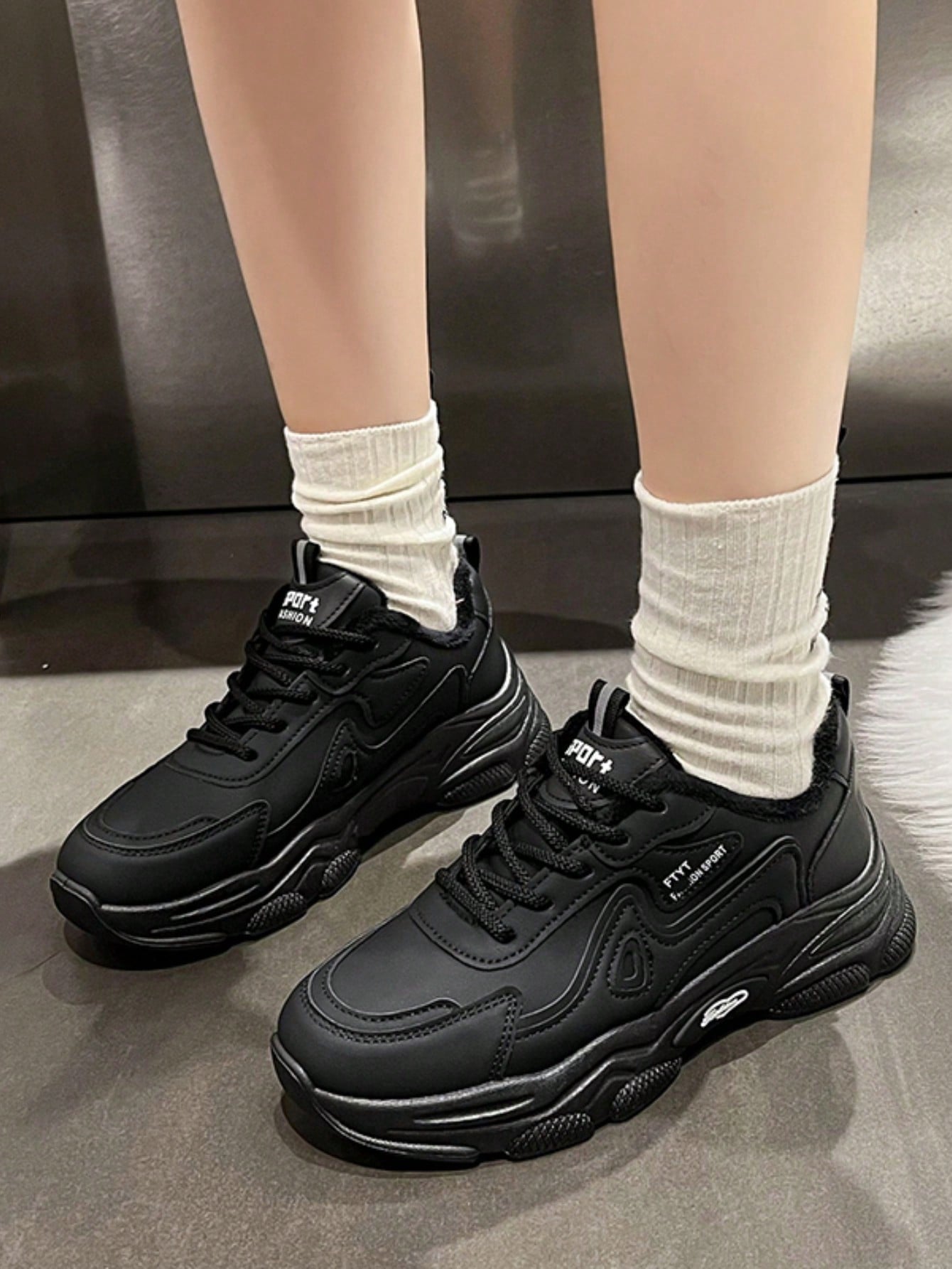 Women's Color-blocked Thick-soled Chunky Shoes For Spring, Summer, Autumn And Winter New Style Plus Velvet To Keep Warm, Black Fashionable And Versatile Casual Sports Shoes