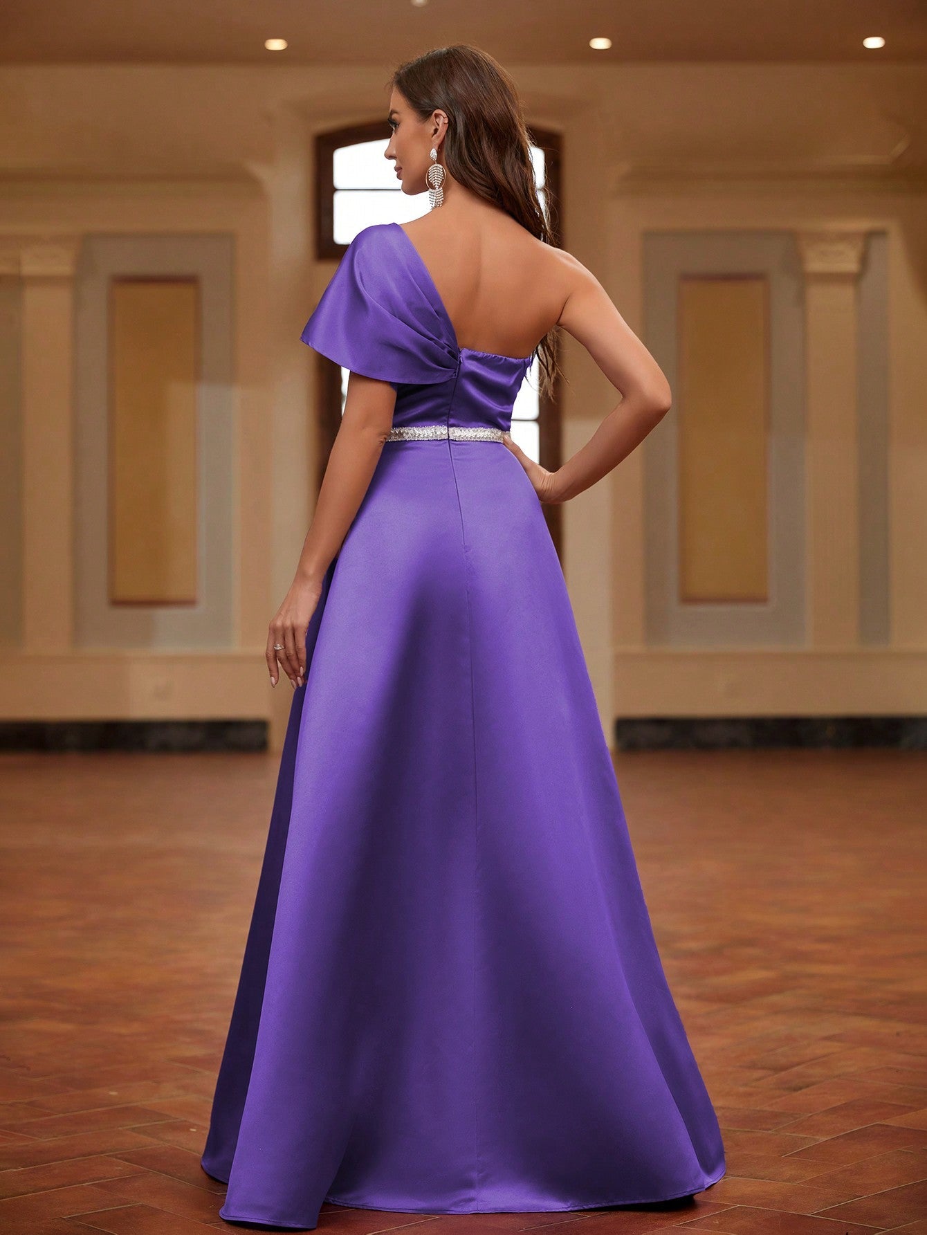 Belle One Shoulder Wrap Hem Satin Formal Dress