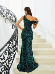 Missord Women's Green One-shoulder Sequin Embellished Slit Evening Party Dress