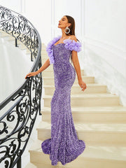 Missord Exaggerated Ruffle Decoration Irregular Neckline Mermaid Hem Sequined Evening Dress