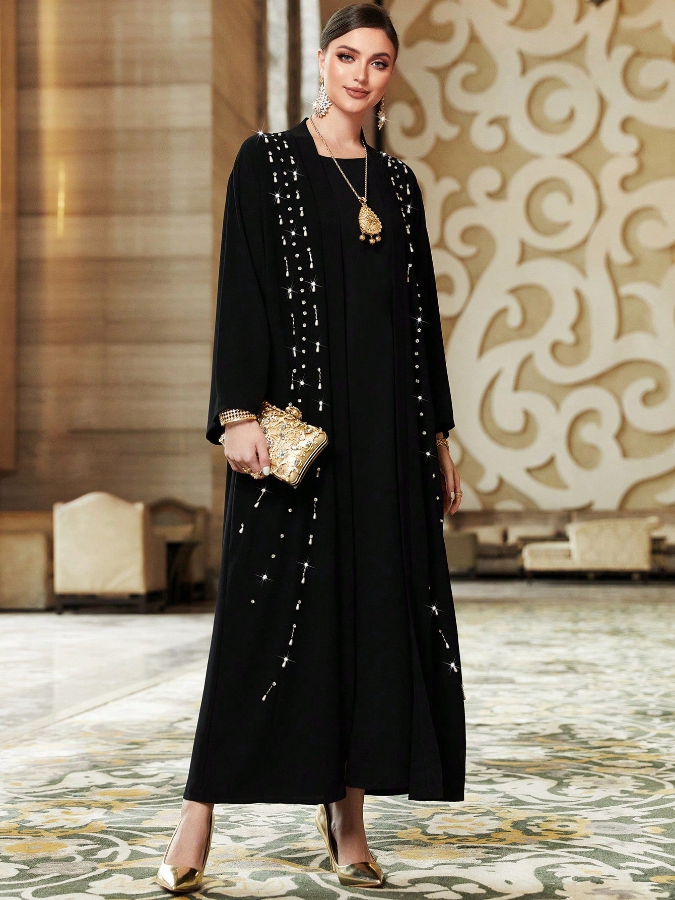 Najma 2pcs/set Rhinestone Decorated Abaya And Solid Color Dress