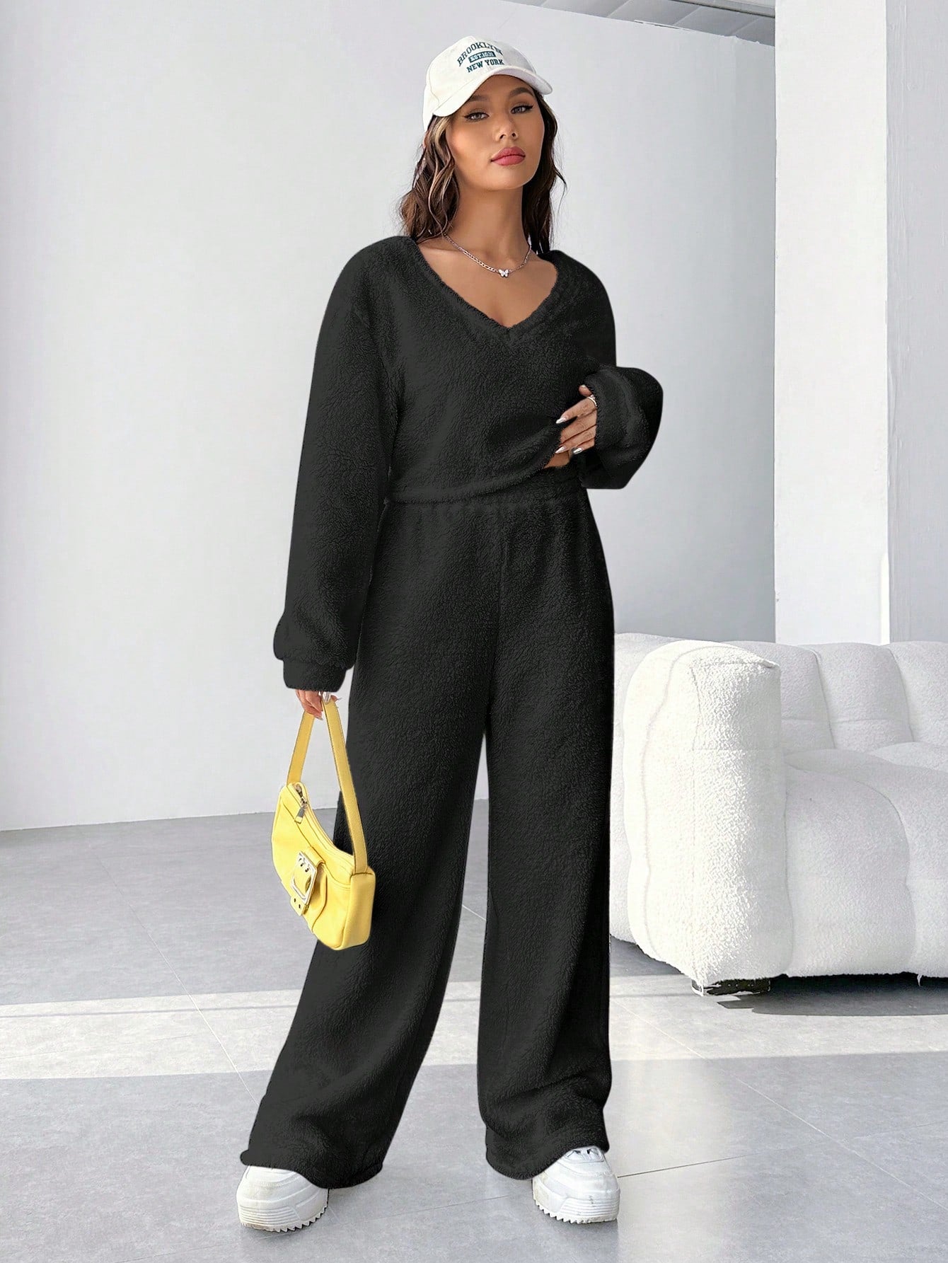 EZwear Plush V-neck Oversized Top And Pants Set