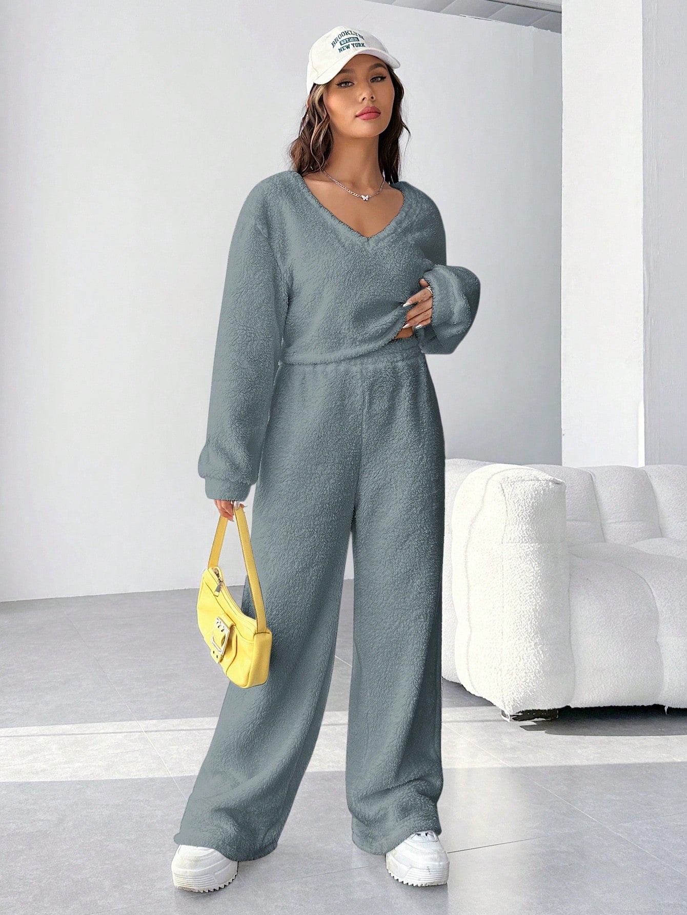 EZwear Plush V-neck Oversized Top And Pants Set