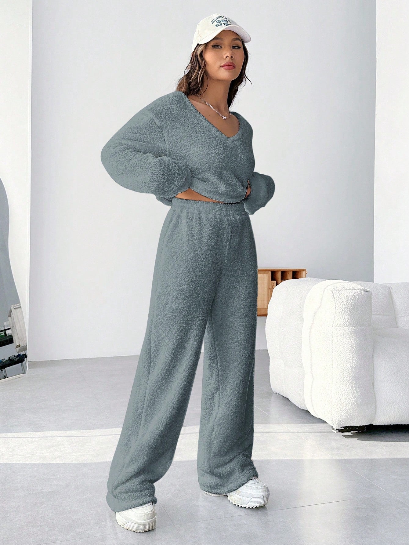 EZwear Plush V-neck Oversized Top And Pants Set