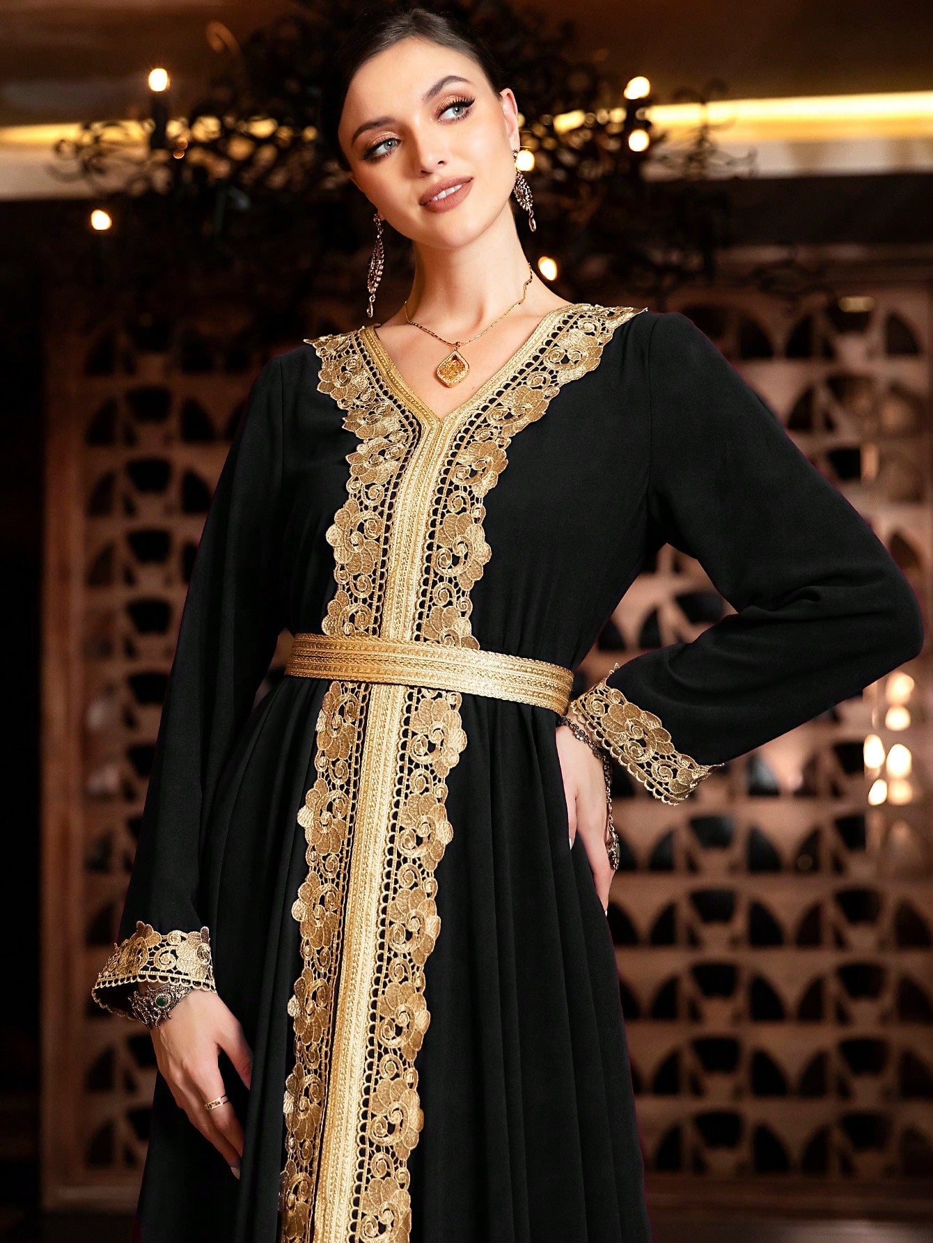 Najma Contrast Guipure Lace Belted Kaftan