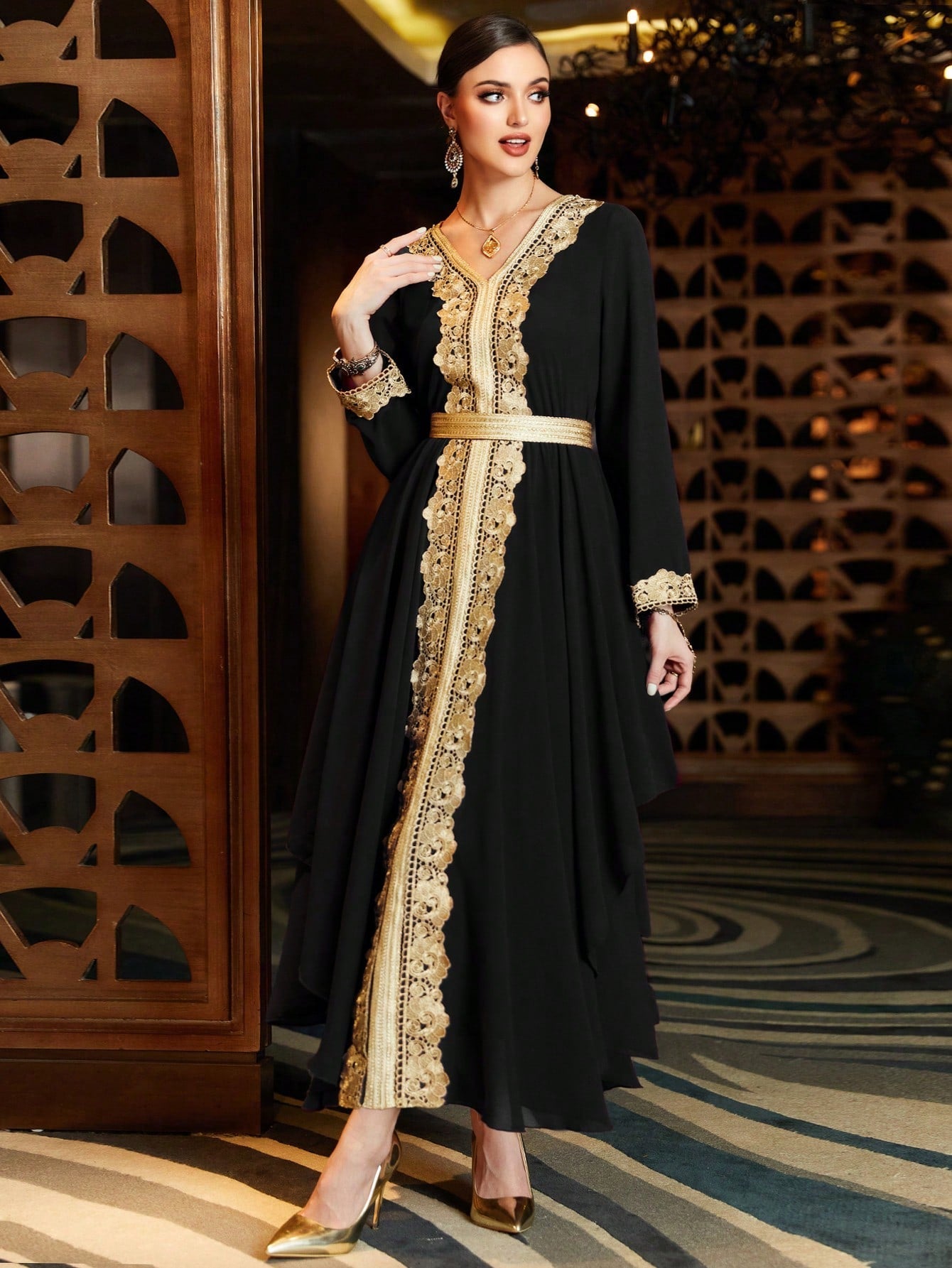 Najma Contrast Guipure Lace Belted Kaftan