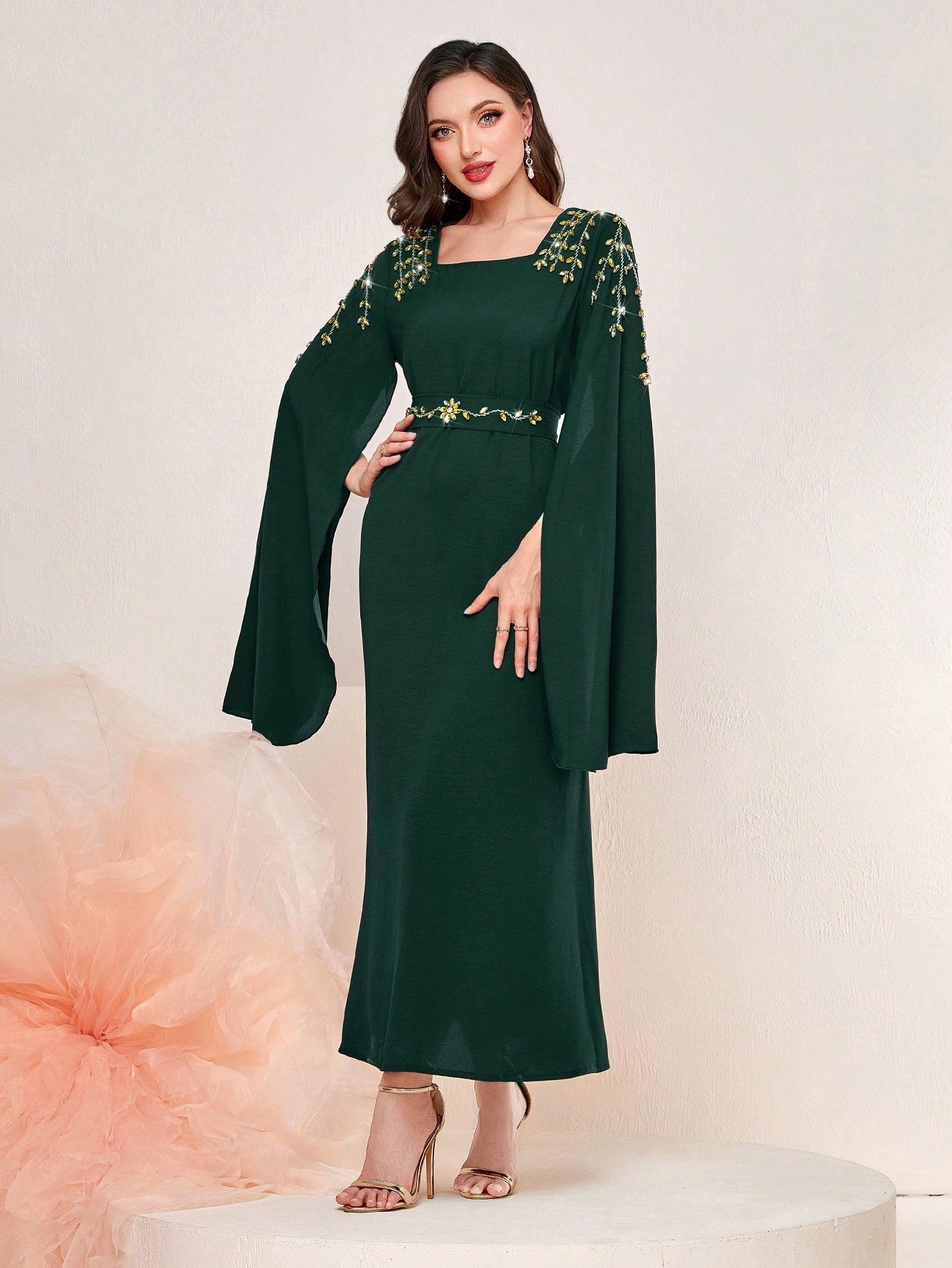 Najma Rhinestone Decor Cloak Sleeve Kaftan