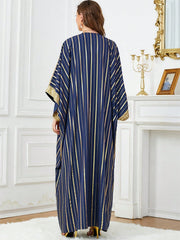 Blue & Gold Striped Tassel Pendant Decorated Outer Robe With Waist Tied Gorgeous Sleeveless Dress, 2pcs/set