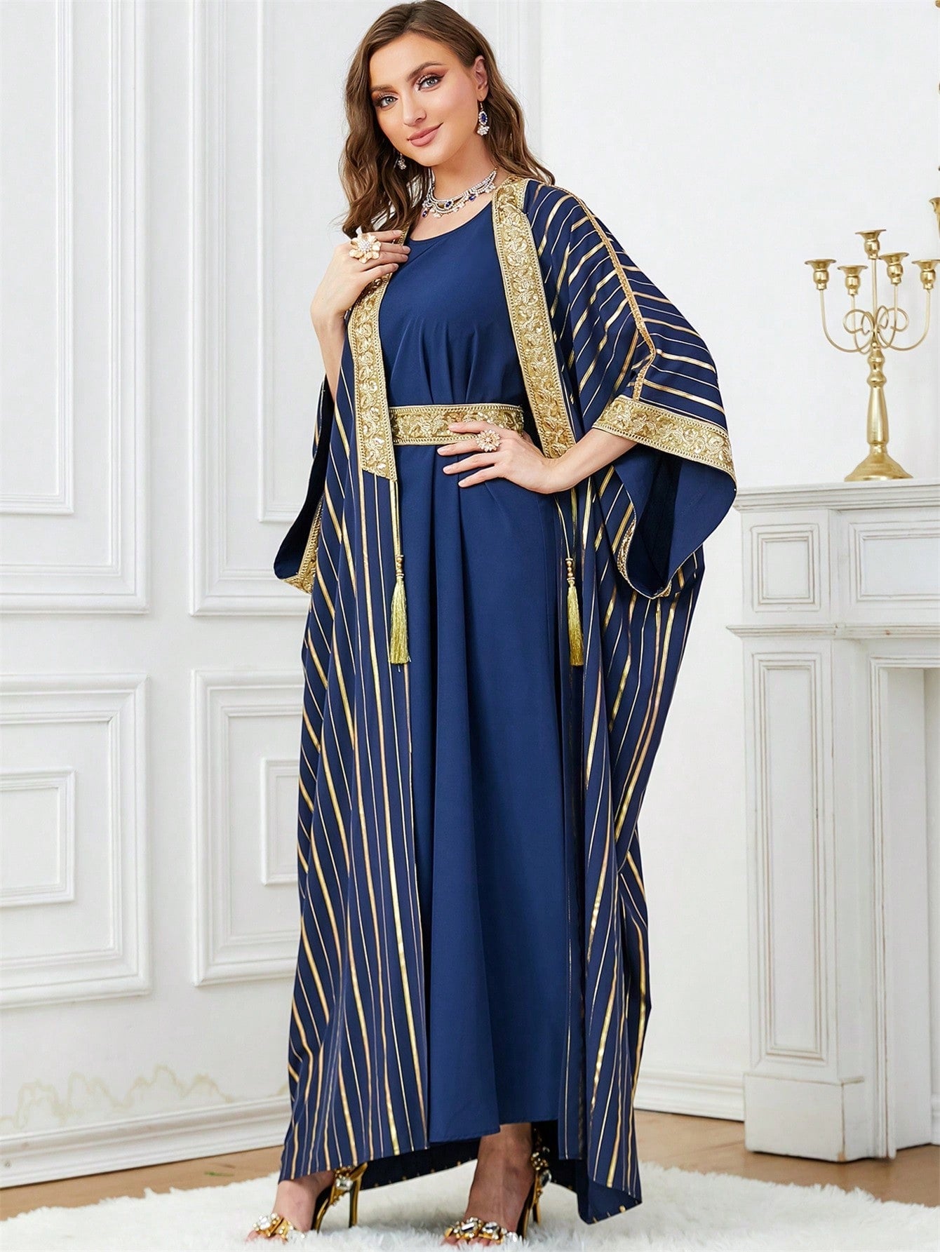 Blue & Gold Striped Tassel Pendant Decorated Outer Robe With Waist Tied Gorgeous Sleeveless Dress, 2pcs/set