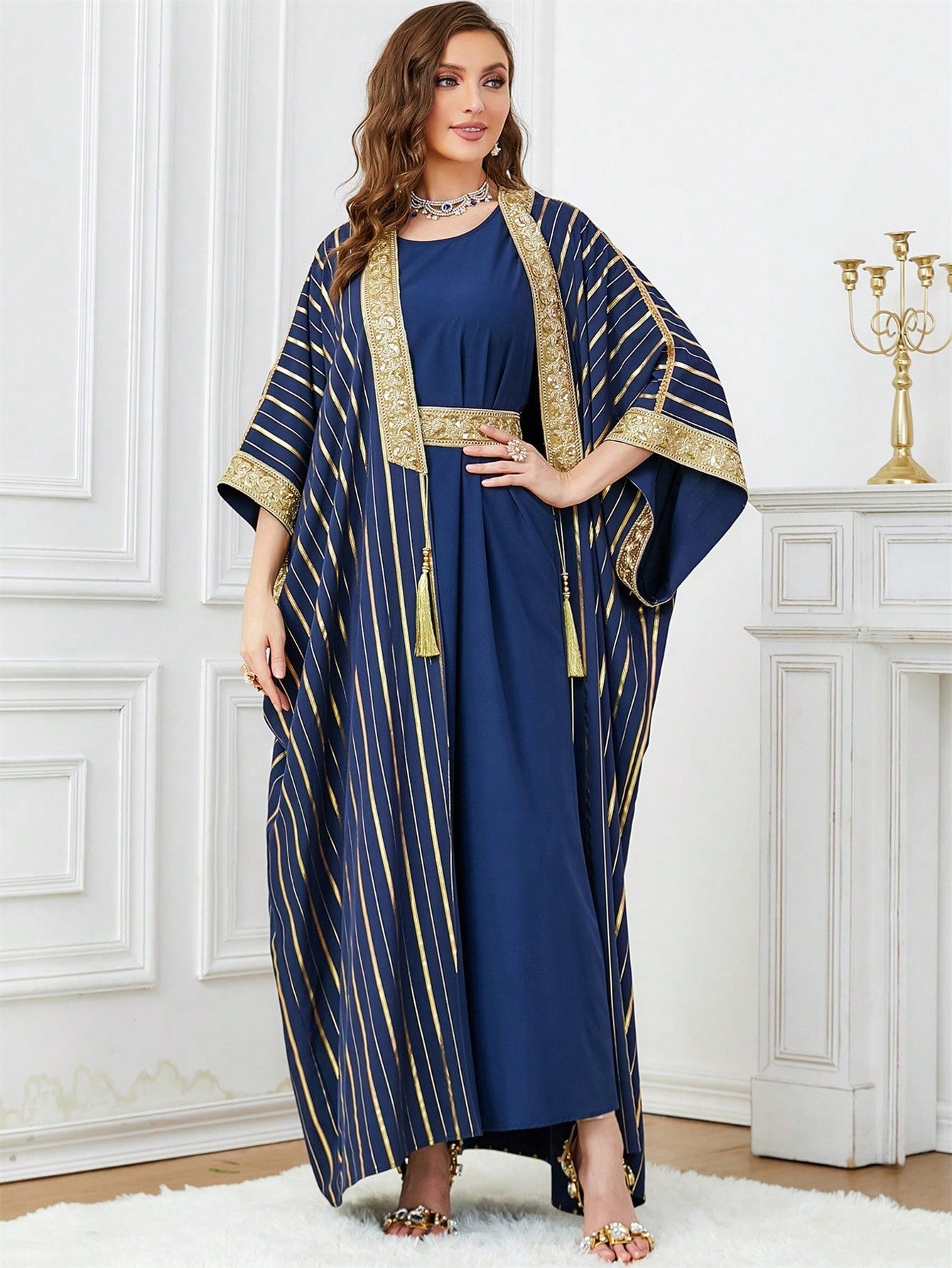 Blue & Gold Striped Tassel Pendant Decorated Outer Robe With Waist Tied Gorgeous Sleeveless Dress, 2pcs/set