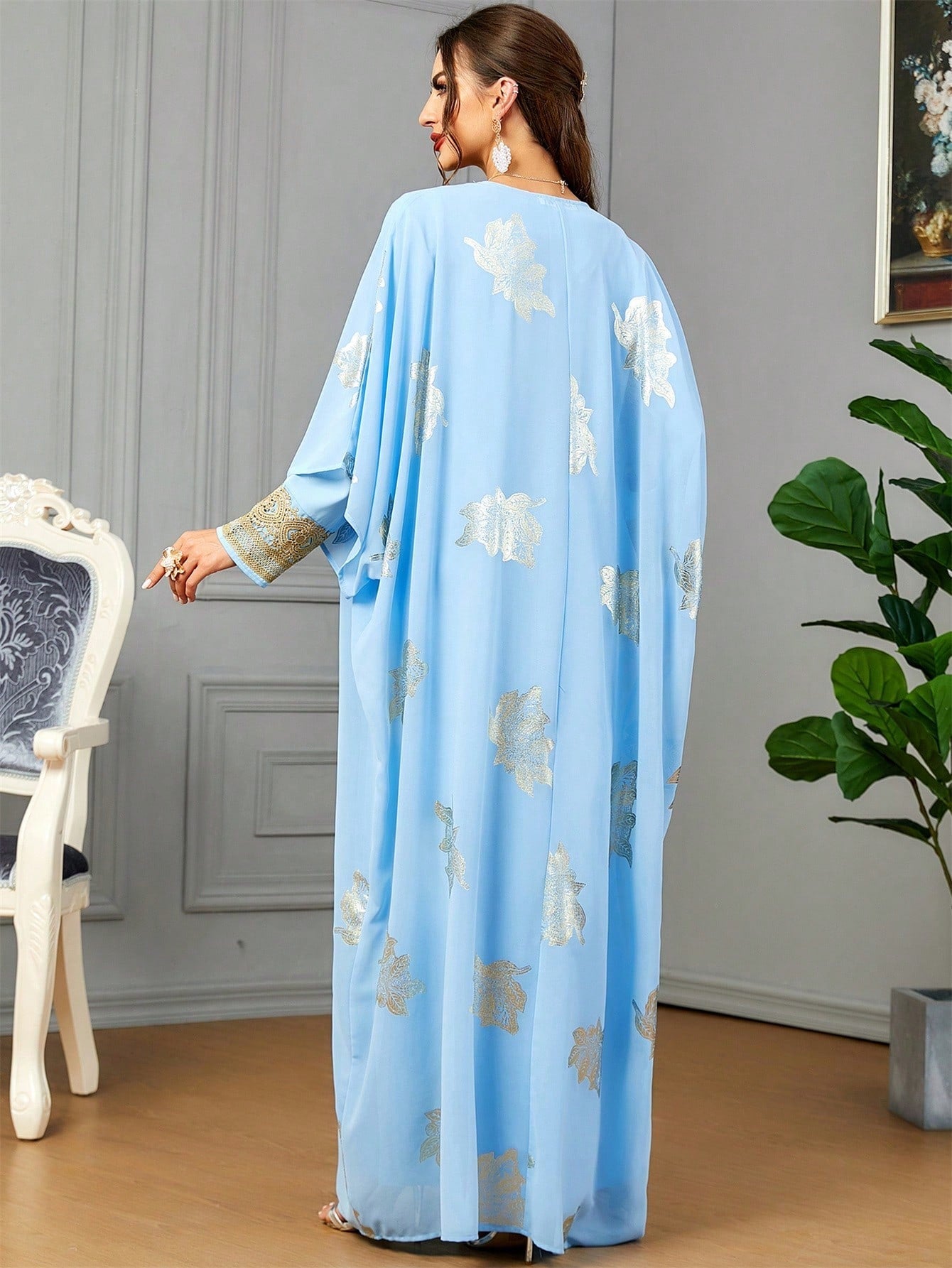 2pcs/set Plant Printed Batwing Sleeve Kaftan Dress