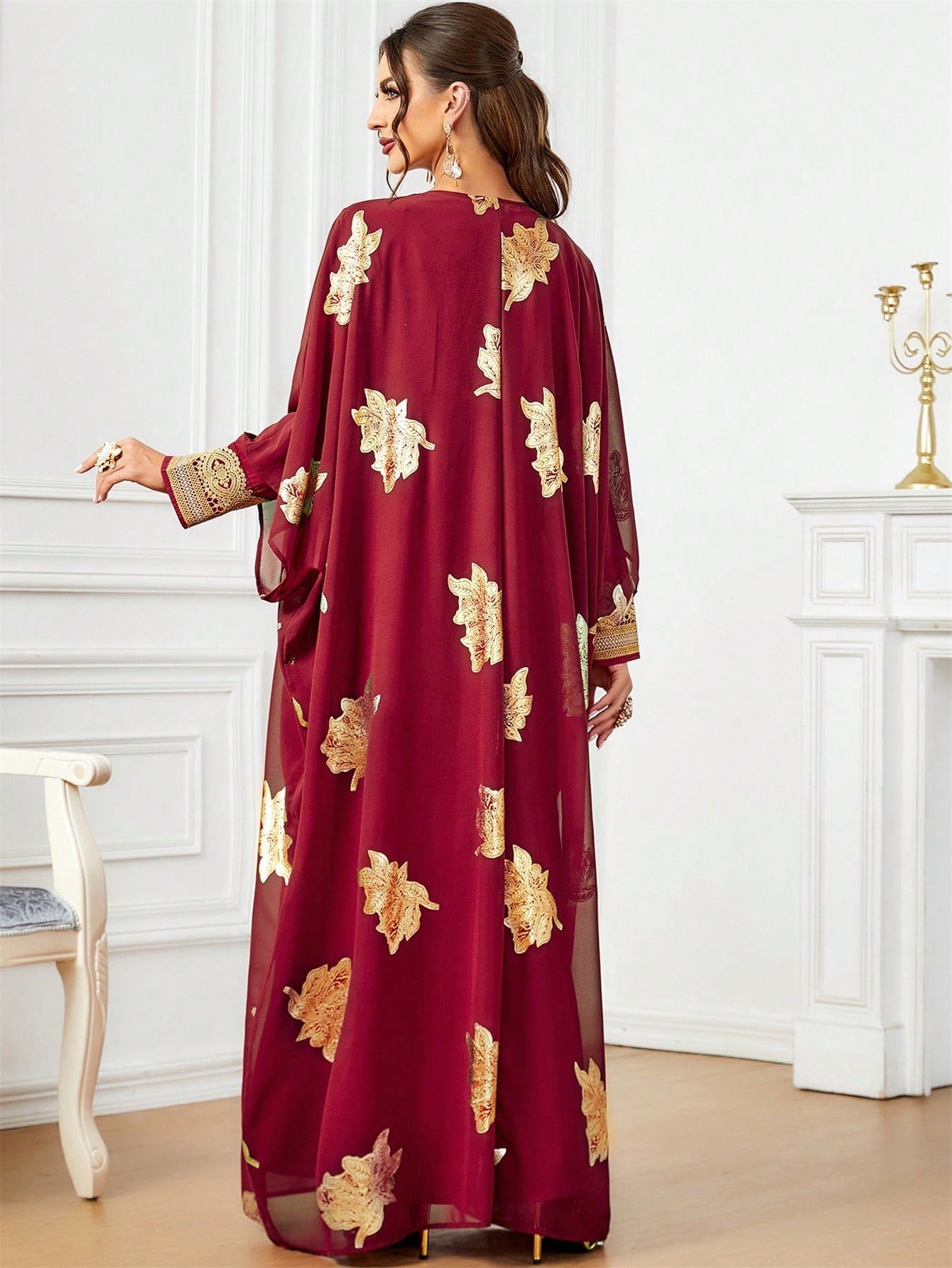 2pcs/set Plant Printed Batwing Sleeve Kaftan Dress