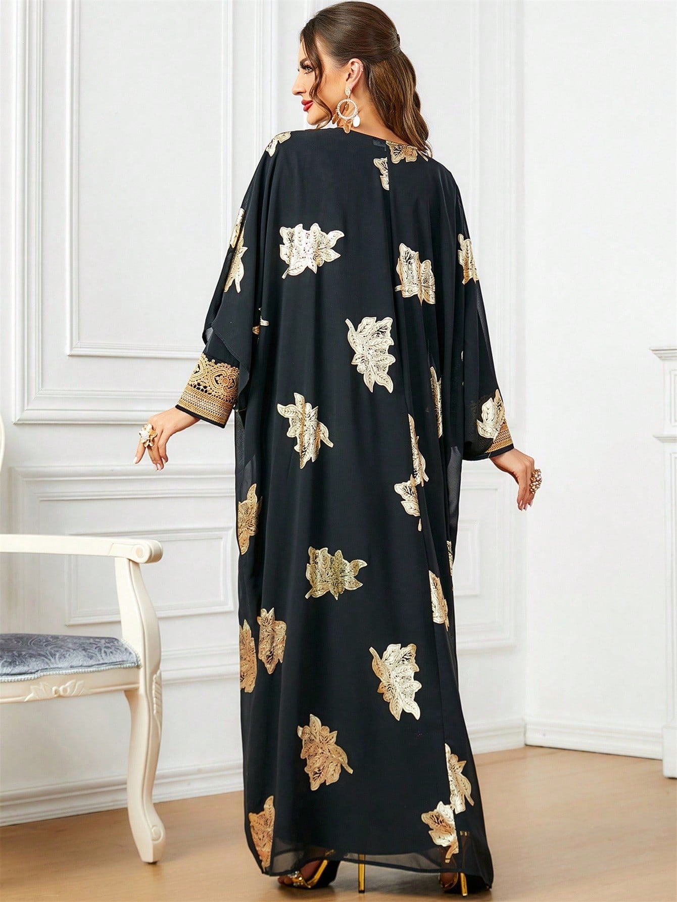 2pcs/set Plant Printed Batwing Sleeve Kaftan Dress