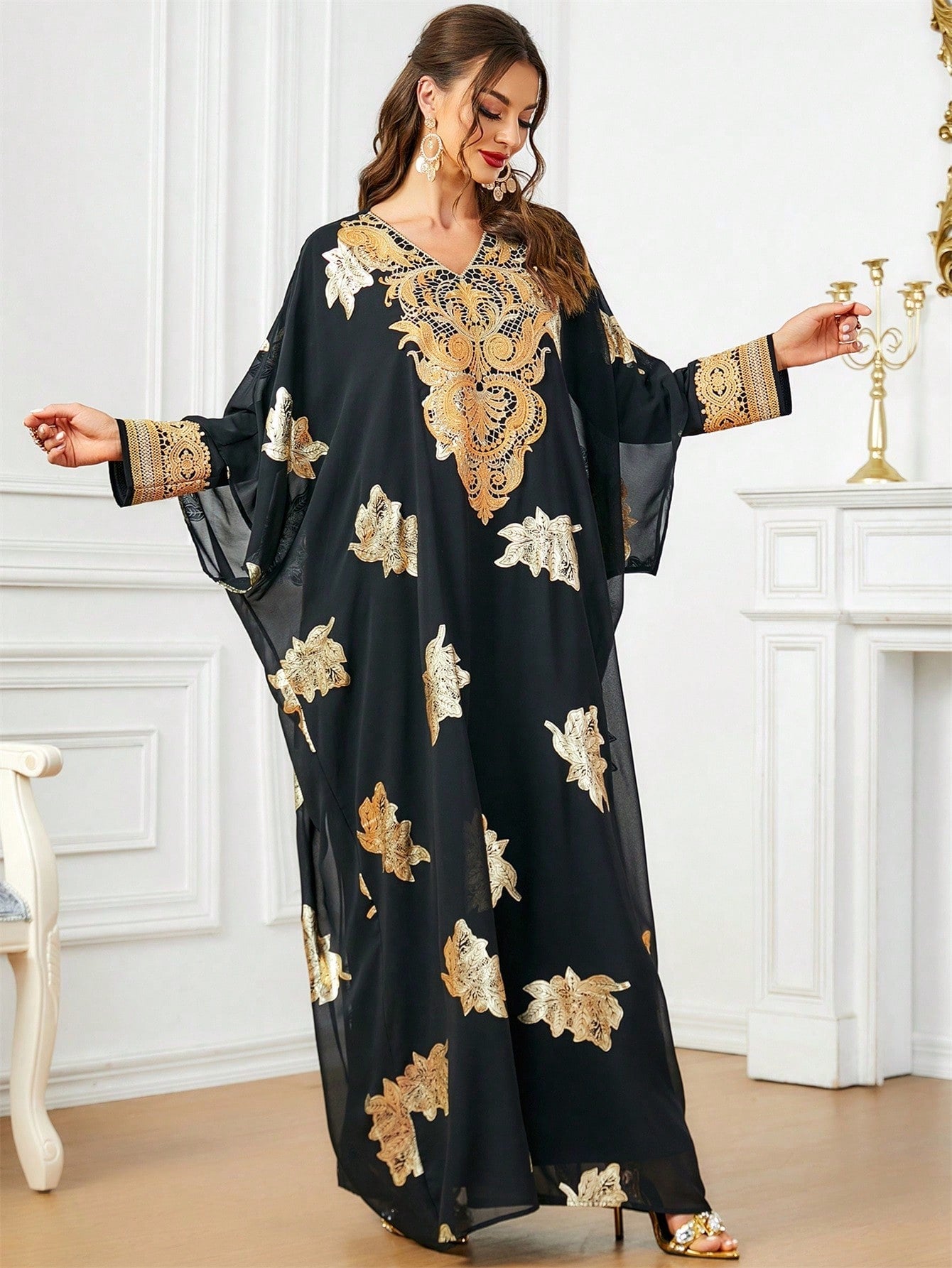 2pcs/set Plant Printed Batwing Sleeve Kaftan Dress