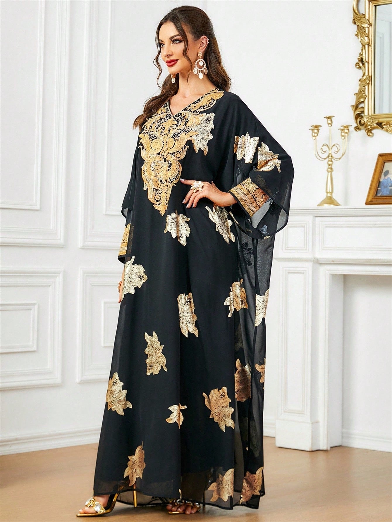 2pcs/set Plant Printed Batwing Sleeve Kaftan Dress